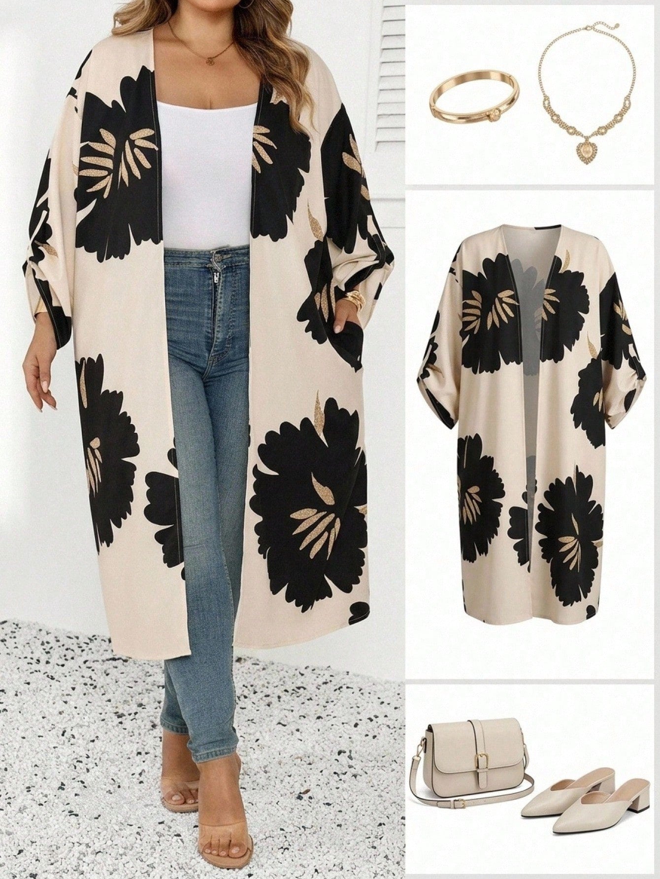 CURVE+ White Semi-Transparent Kimono Sleeve Jacket, Decorated With Bold Floral Print, Mid-Length Design, Casual Long Cover Up, Women's Casual Wear, Long Cover Up, Women's Summer Spring Wear, Wom