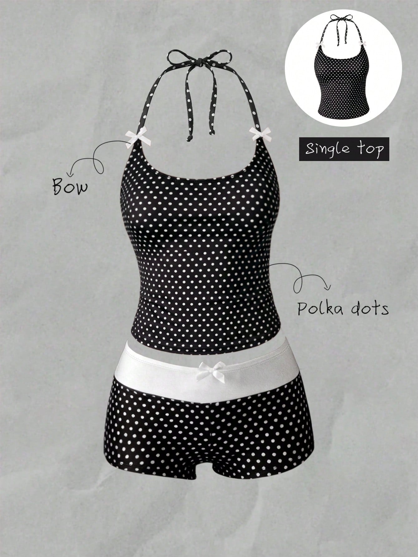 Elavelle Women's Beach Random Print Halter Neck Bow Decor Polka Dot Bikini Top, Spring/Summer