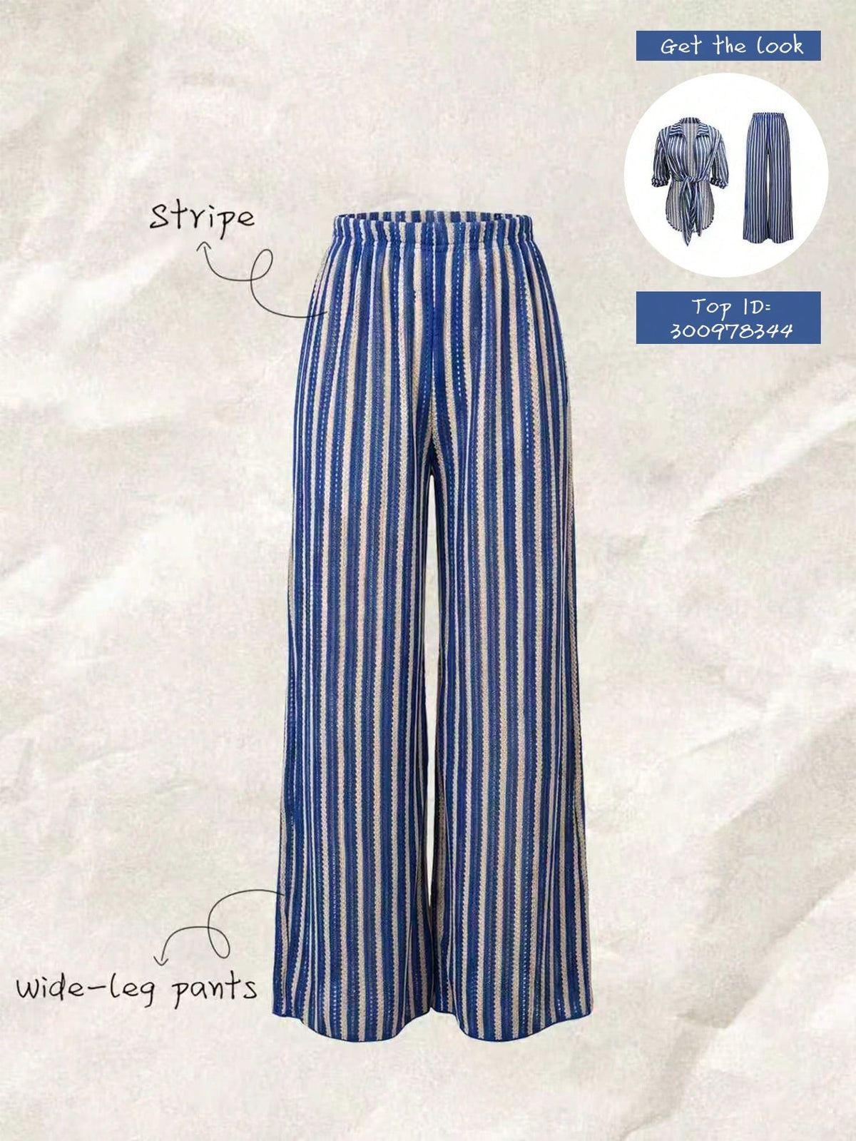 Elavelle Women's Striped Jacquard Fabric Cover-Up Top And Pants, Spring/Summer Beach Vacation Blue And White Striped Tropical