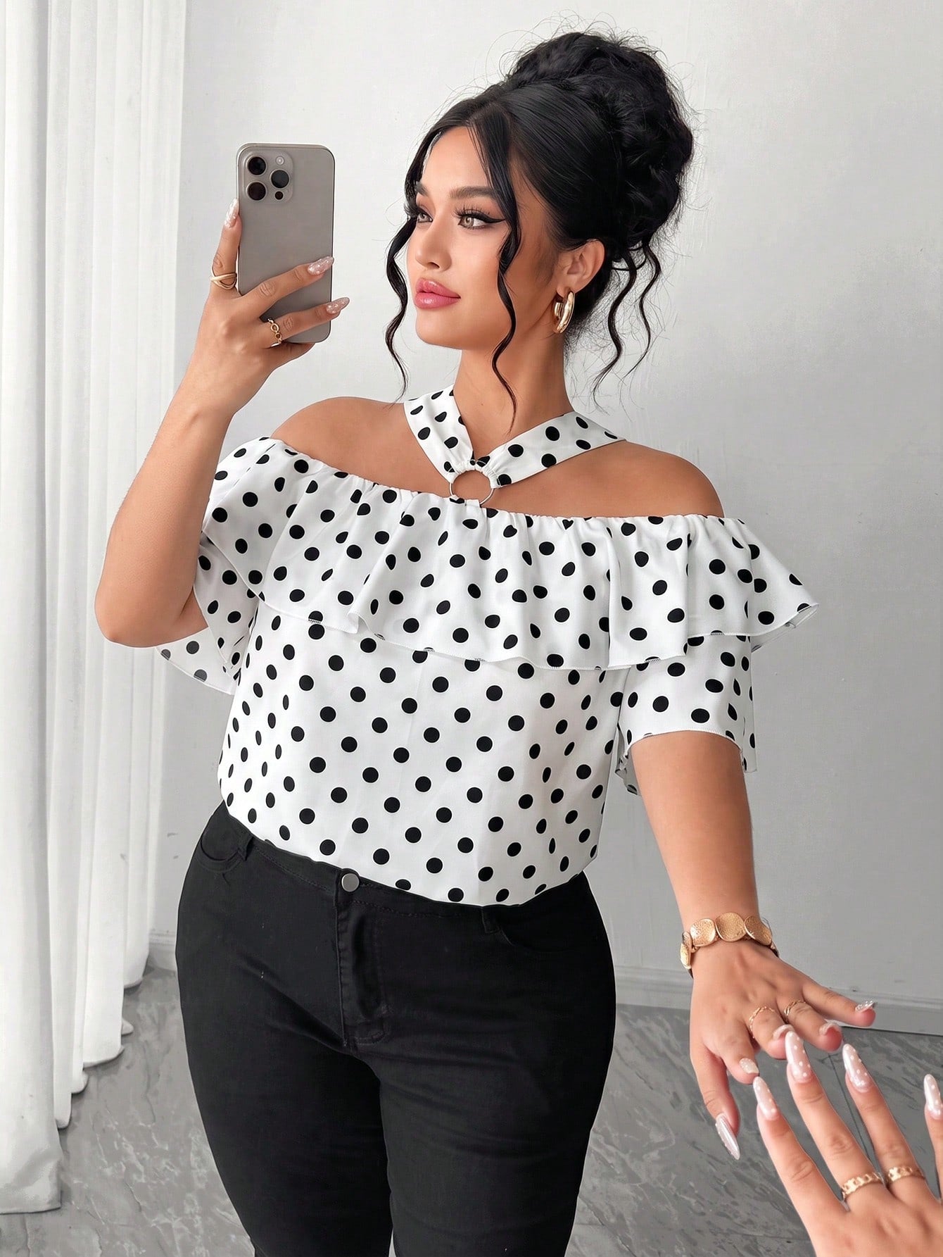 Elenzga Elegant Off-Shoulder Metal Decor Ring Ruffle Straight Neckline Plus Size Women Polka Dot Blouse