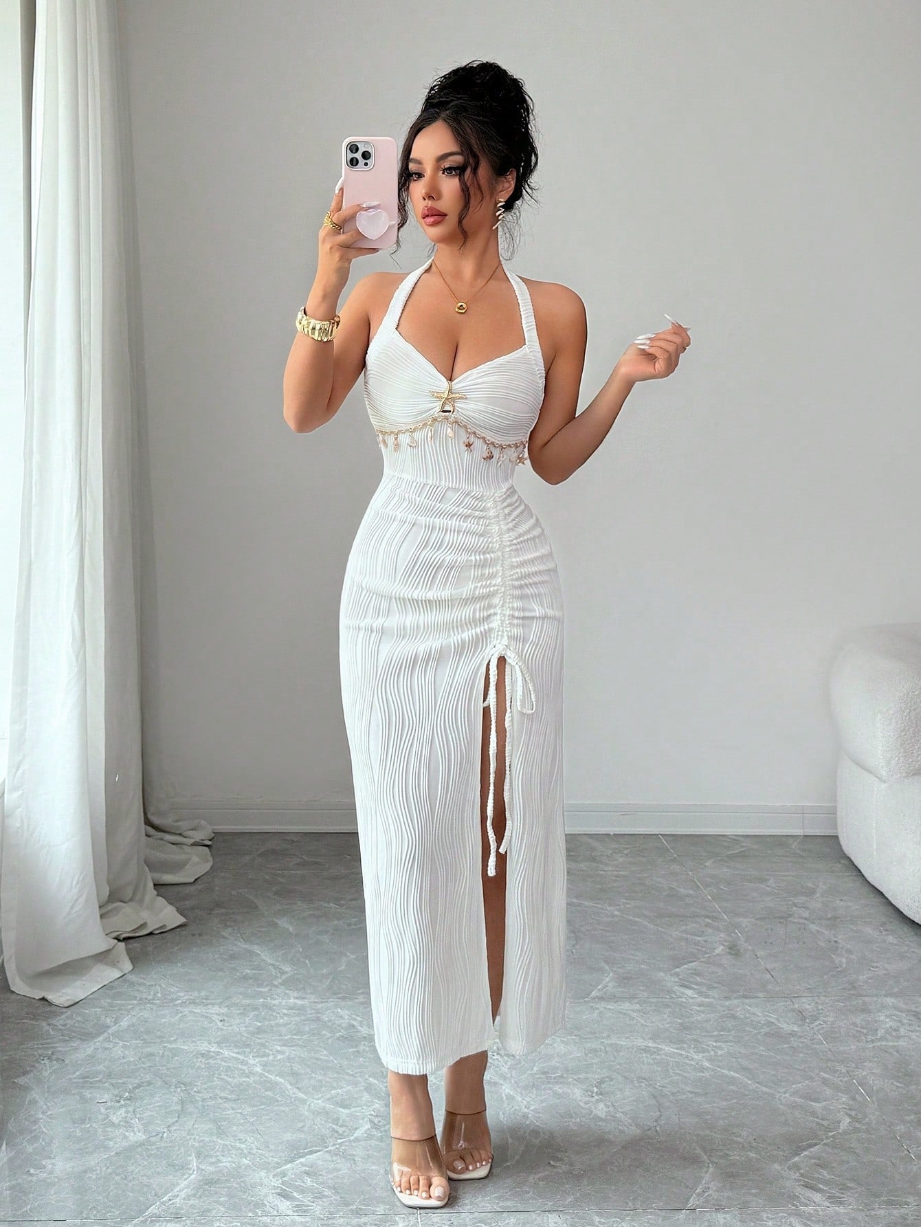 Elenzga Women's Elegant White Seductive Textured Backless Tie Dress,Pleated Halter Midi Bodycon Ruched Dress With Metal Decor,Slit Hem For Summer Date Party