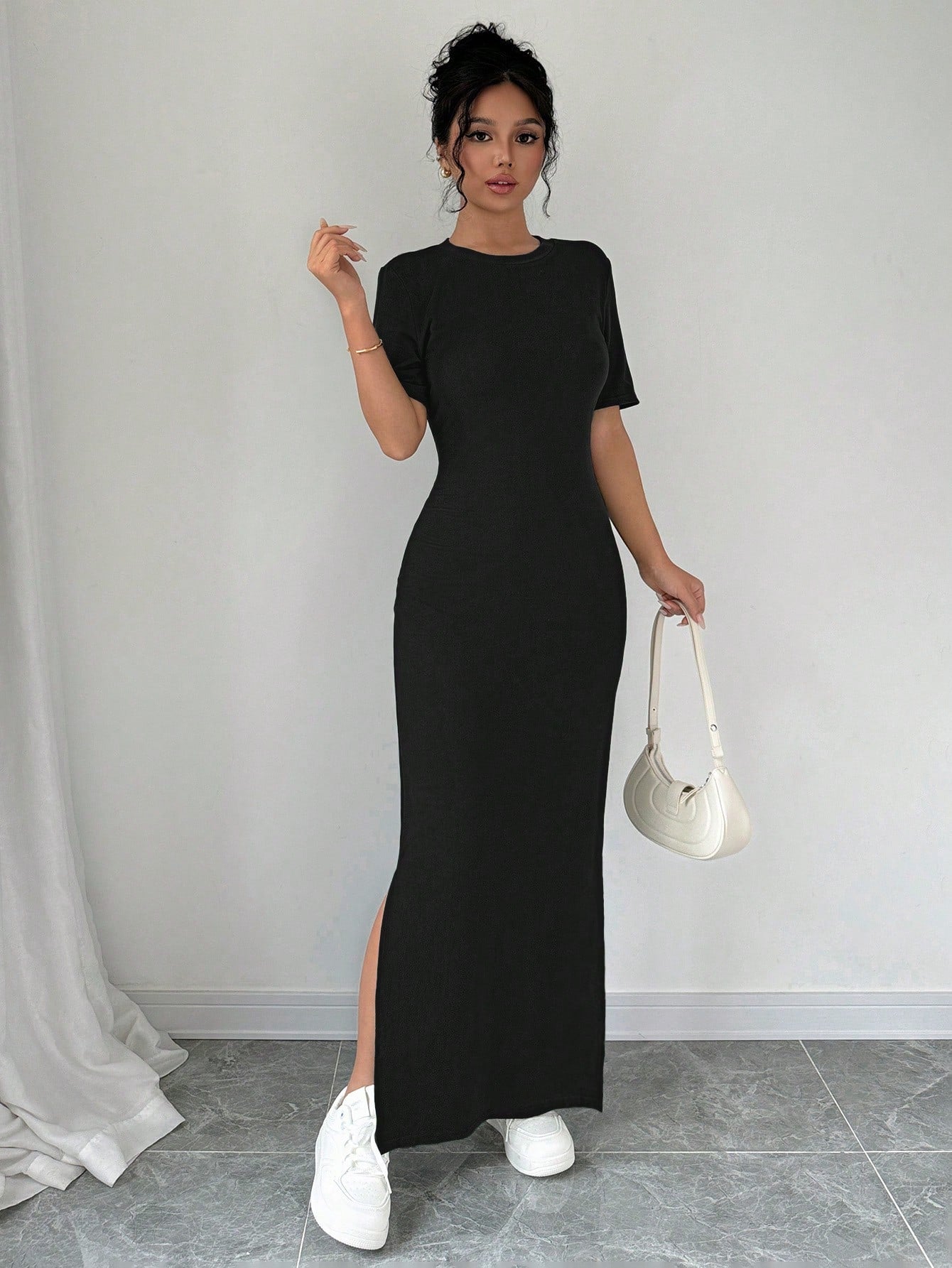 Elenzga Women V-Neck Split Hem Solid Color Short Sleeve Dress Maxi Women Outfit