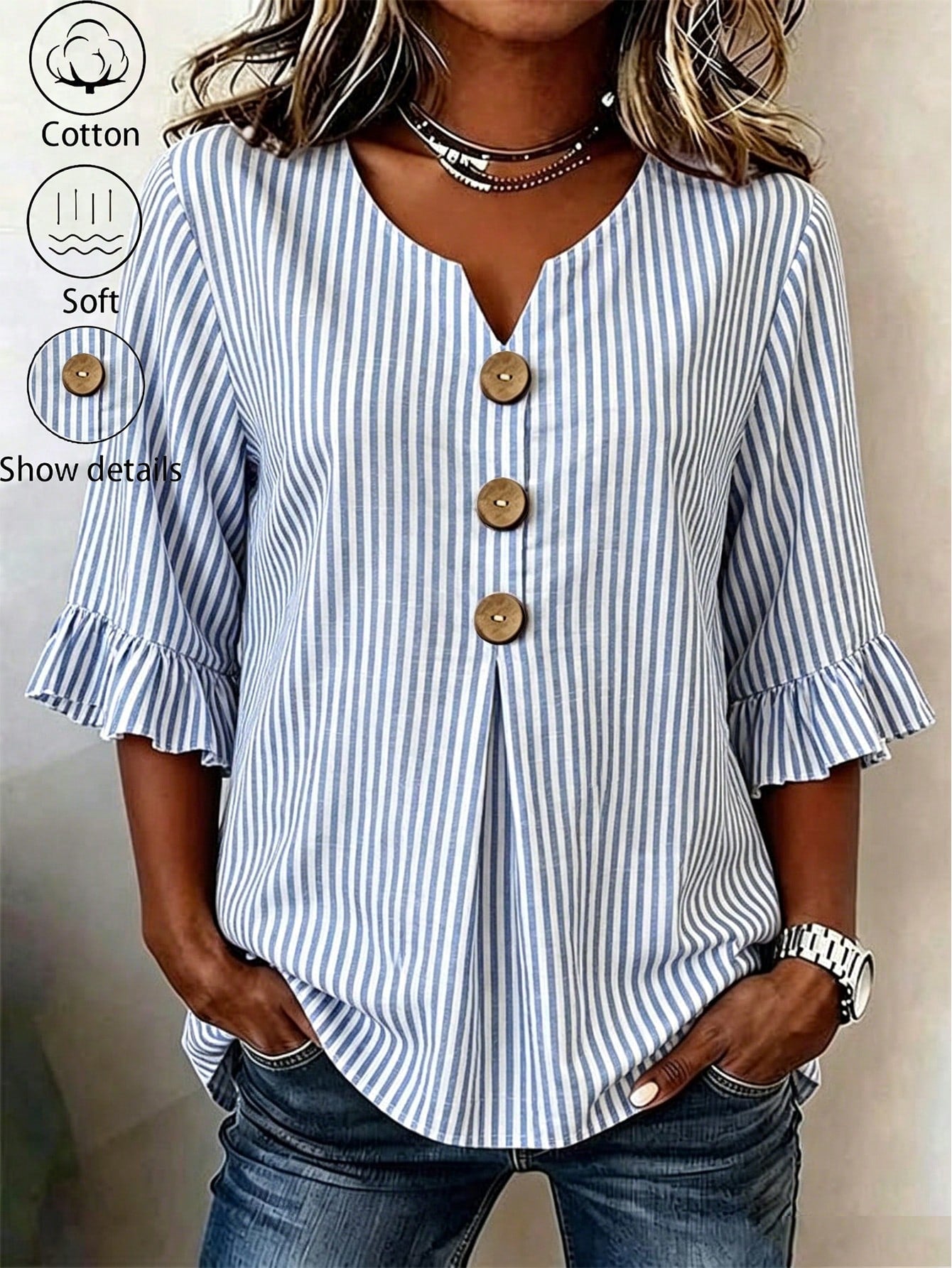 EMERY ROSE Plus Size Women's V-Neck Button Decor Mid-Sleeve Blue Striped Shirt, Ladies Summer Top, Vacation Blouse, Soft Cotton Striped Tee, Casual Beach Top