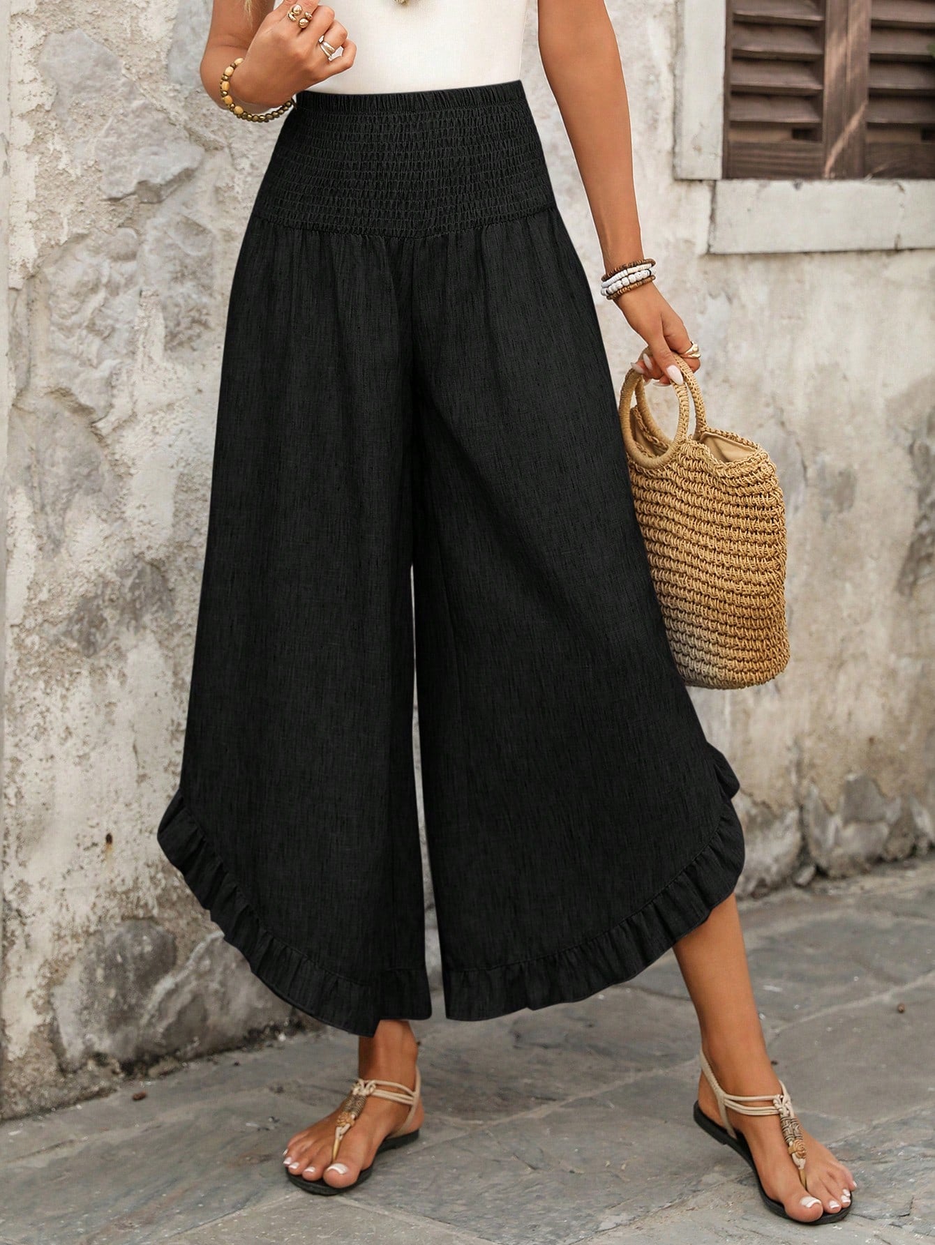 EMERY ROSE Women's Casual Vacation Style Solid Color High Waist Ruffle Hem Loose Wide Leg Pants Gaucho For Women