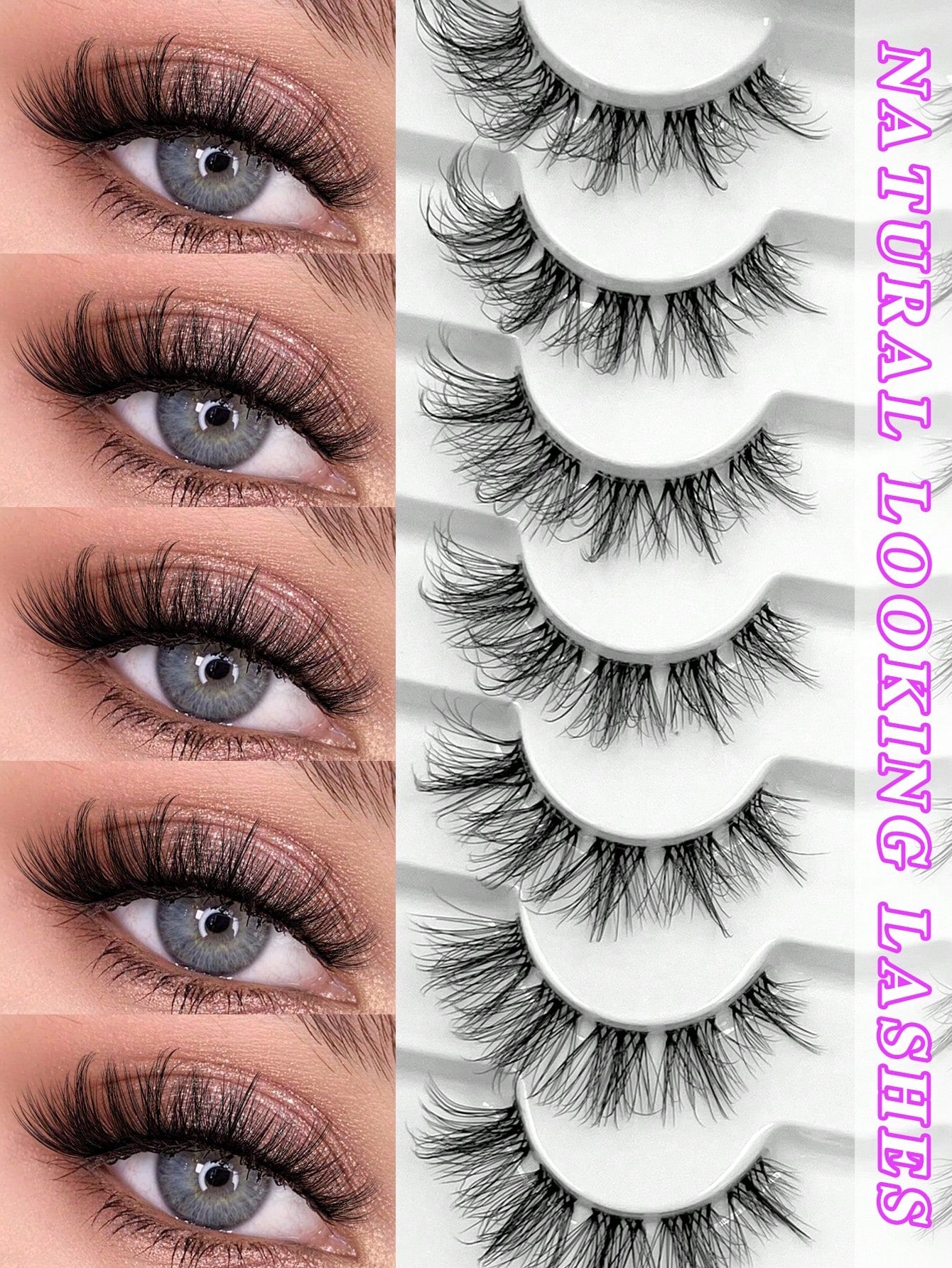 ENCHUW 7 Pairs Cat Eye Lashes With Clear Band Eyelashes 3D Curl Messy False Eyelashes Soft Fake Lashes