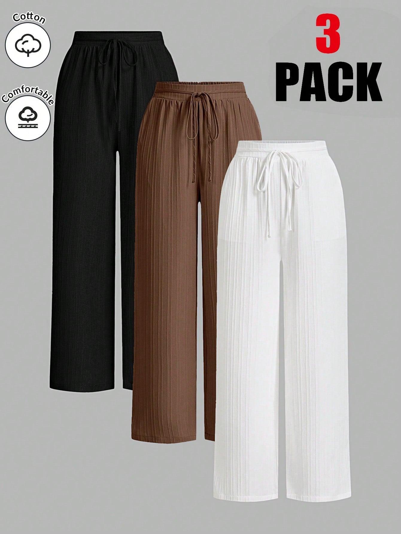 Essnce 3packs Summer Pants Women's Solid Color Waist-Tie Wide Leg Loose Casual Pants Work Pants