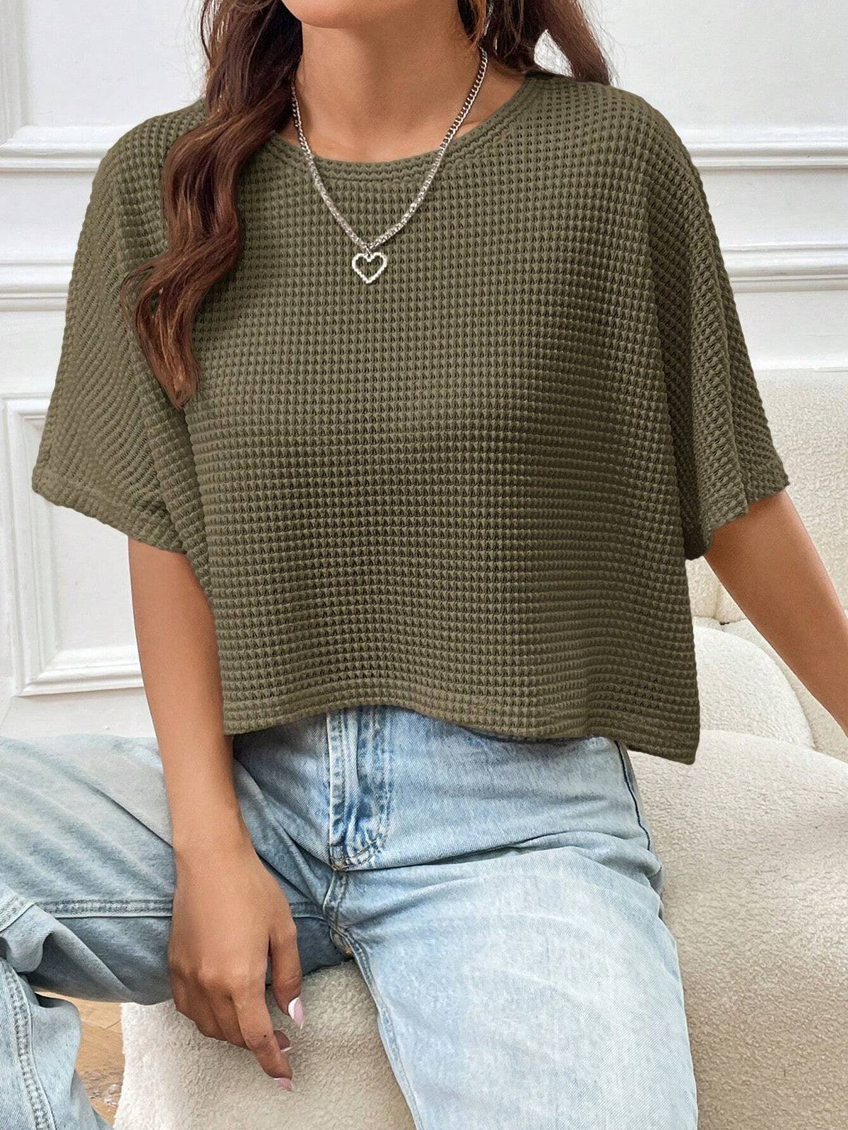 EZwear Army Green Loose Knit T-Shirt For Women