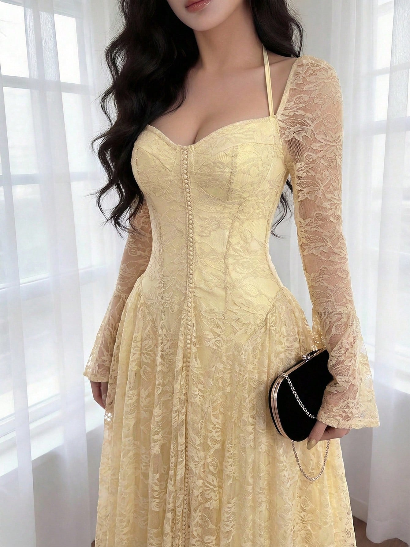 Feyla Women's Elegant Party Solid Color Lace Dress