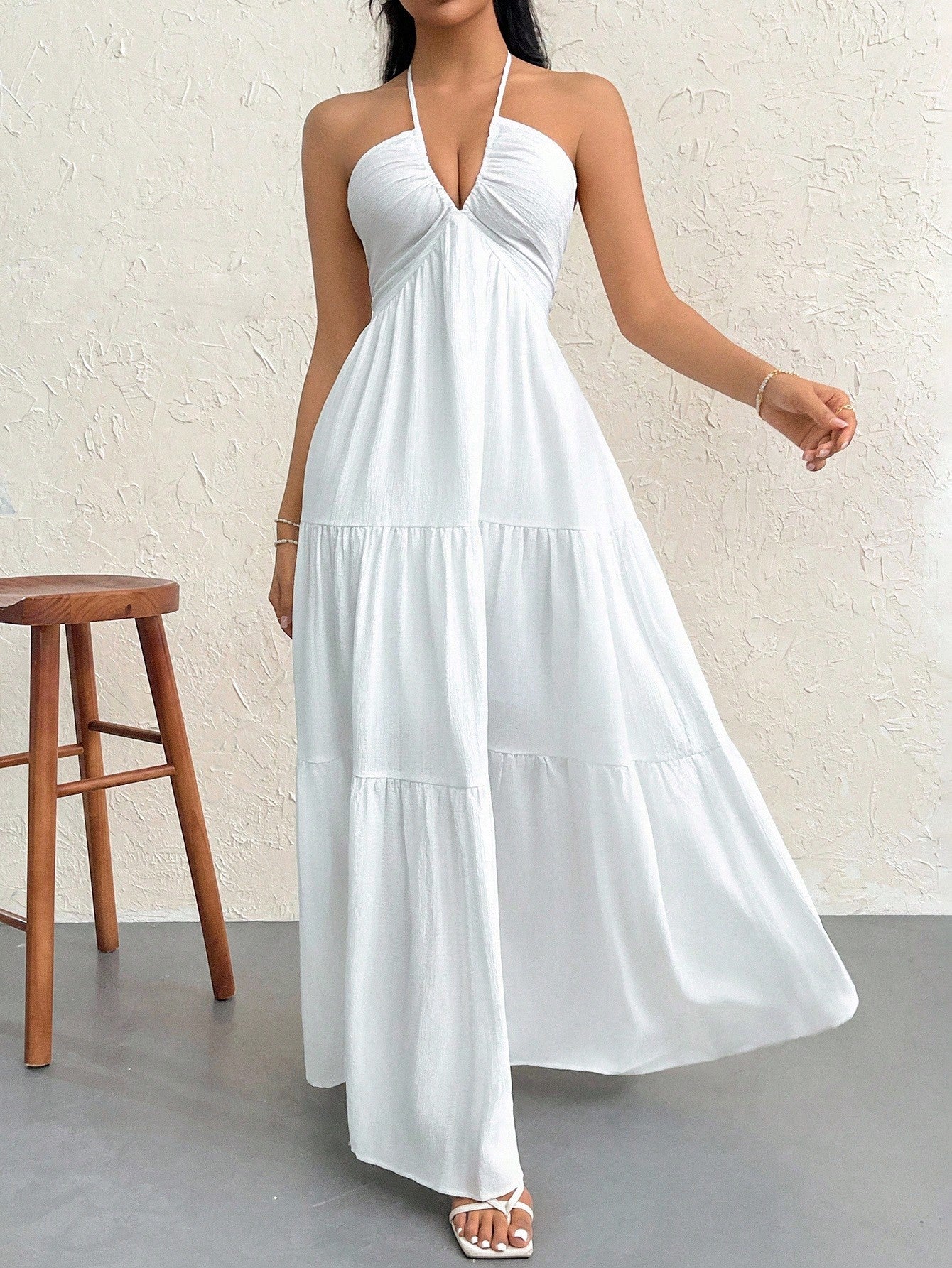 Firerie Women's White Summer Boho Holiday Vacation Holiday, Floral Printed Beach Halter V-Neck Pleated Backless A-Line Tea Party Graduation Dress