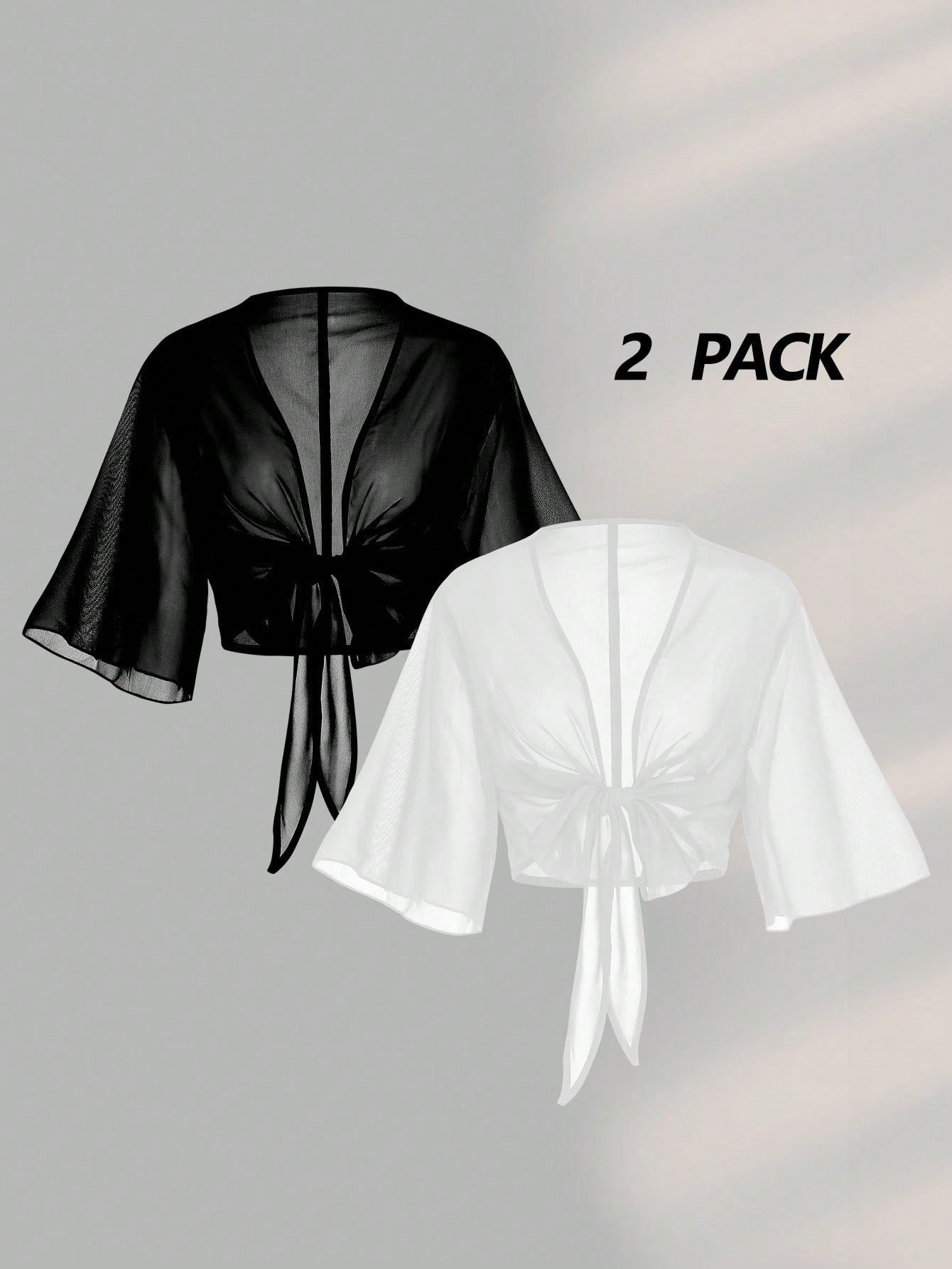 Franclia 2pcs Set Women Plus Size Short Sleeve V-Neck Chiffon Blouse With Bowknot Tie, Elegant Sexy Classy Black And White Summer Sheer Tops Night Out Beach