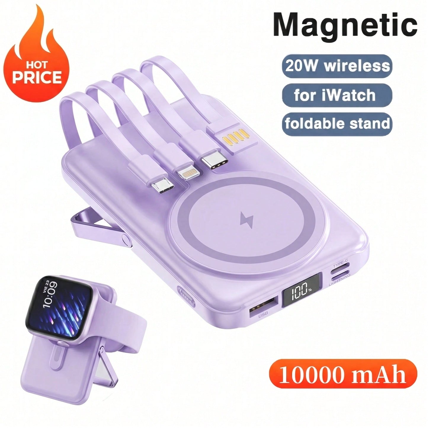 GAWFOLK Pink 10000mAh Power Bank With Stand & Built-In Cable- 2-In-1 Magnetic Wireless Charging Station, Adjustable Kickstand For Hands-Free Viewing, Fast Charging Compatible With Apple/Android. Perf