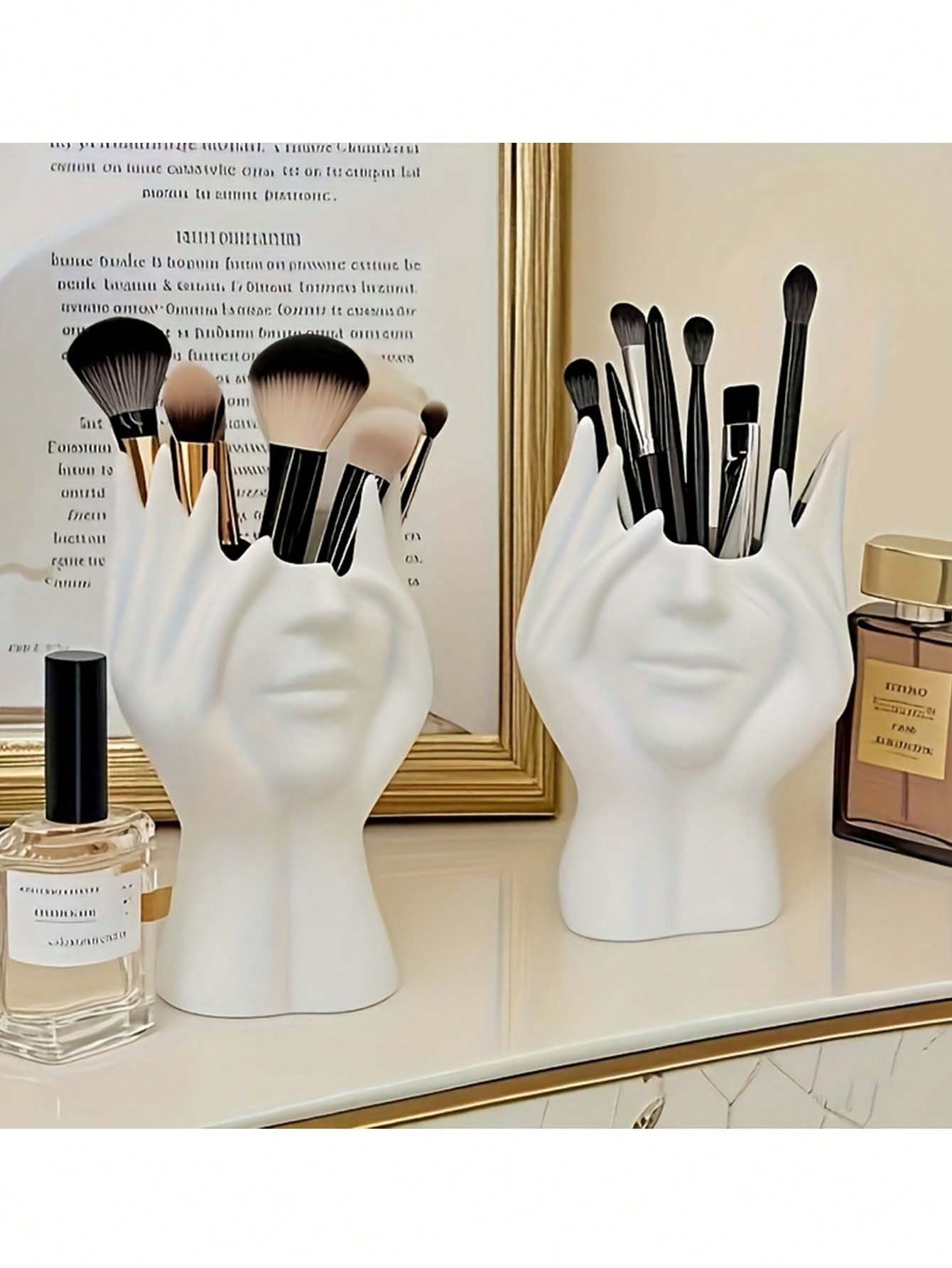 Human Body Art Sculpture Makeup Brush Holder Pen Pot- Desktop Living Room Decor Plastic Storage Box- Art Pen Pot- Human Face Flower Vase Ornament- Makeup Vanity Organizer- Fashion Storage Box- D