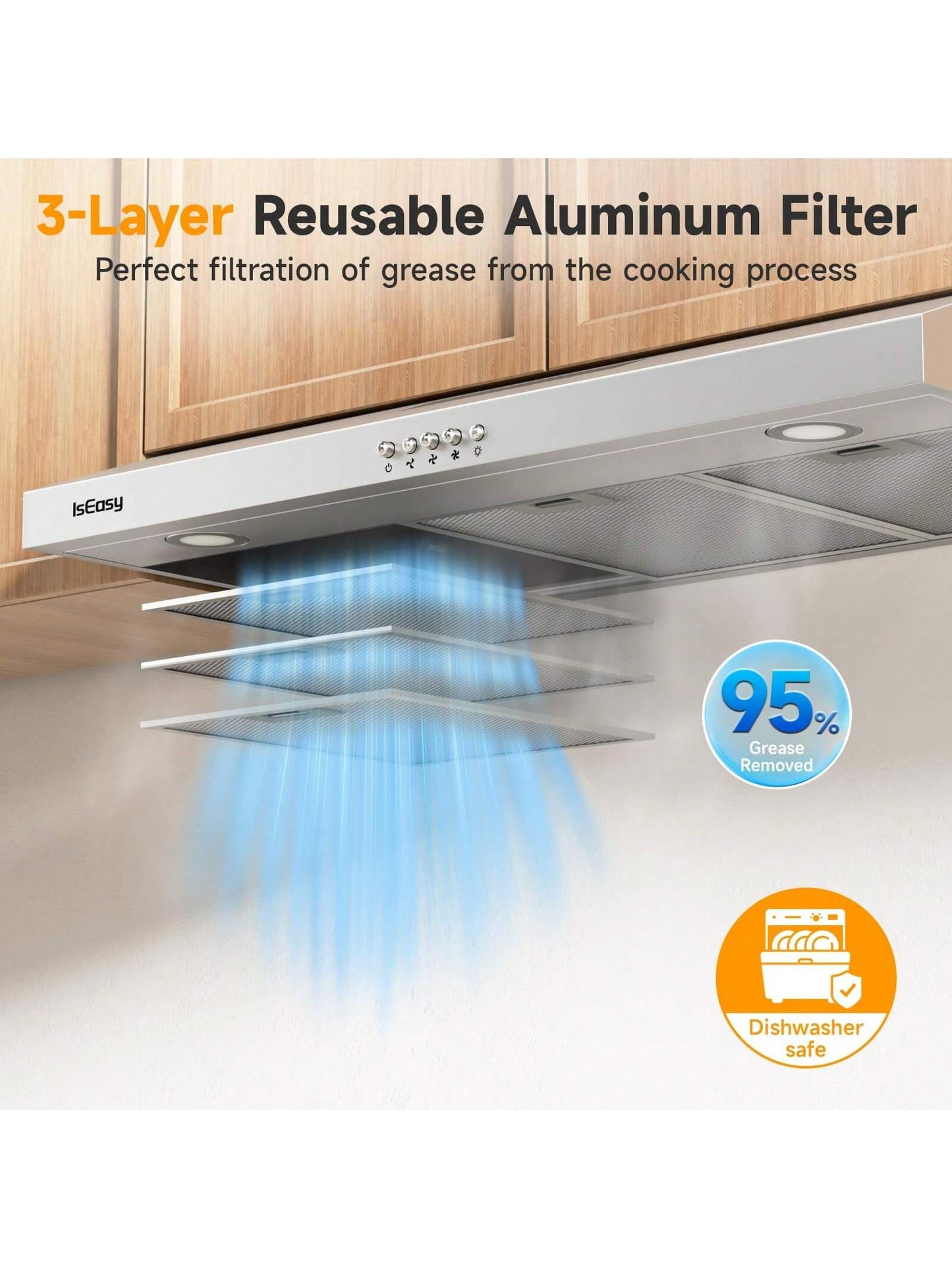 IsEasy Range Hood 36 Inch Kitchen Hood Under Cabinet Range Hood, Ductless/Ducted Convertible, Slim Stove Vent Hood 36 Inch With 3 Speed Exhaust Fan, Stainless Steel Range Hoods