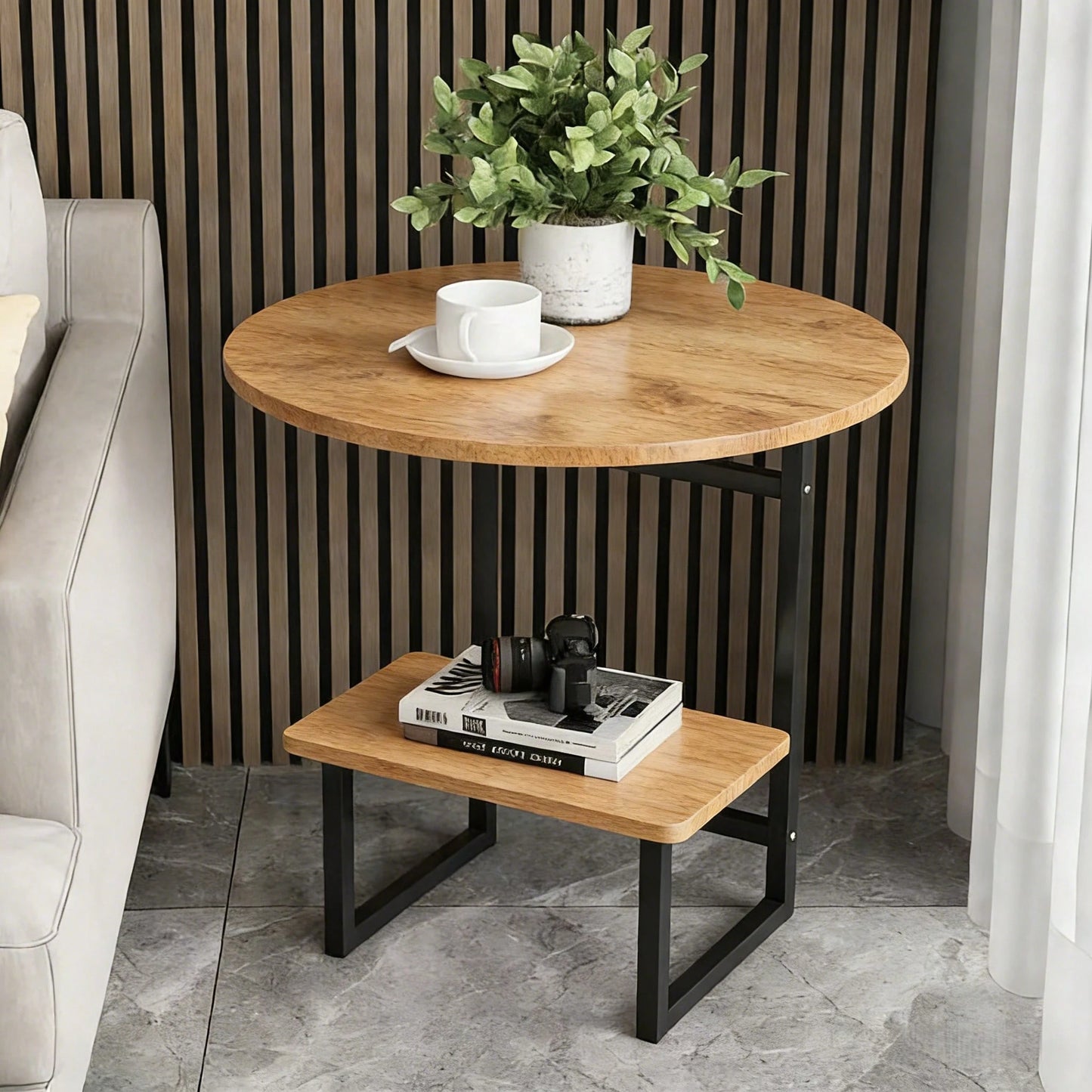 Kocoile Modern Light Luxury Simple Metal Side Table With 2-Layer Storage Shelf- Compact Living Room, Bedroom And Sofa/Bedside Coffee Table, Sturdy Black Metal, Space-Saving Decor Table, Easy To Assem