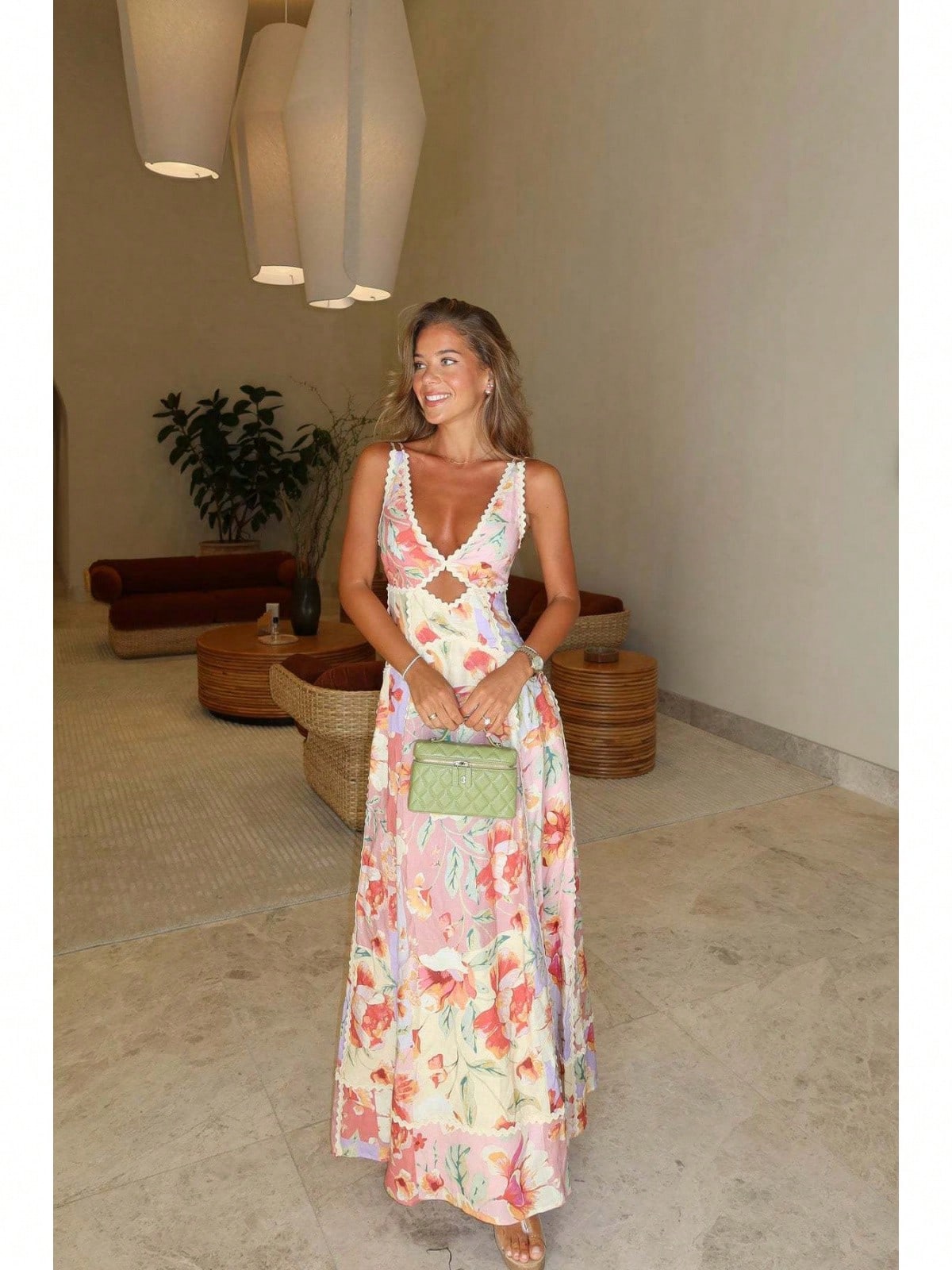 KZKZWK Women's Floral Print Maxi Dress, V-Neck Spaghetti Straps With Lace Trim & Cutout Detail For Beach & Vacation