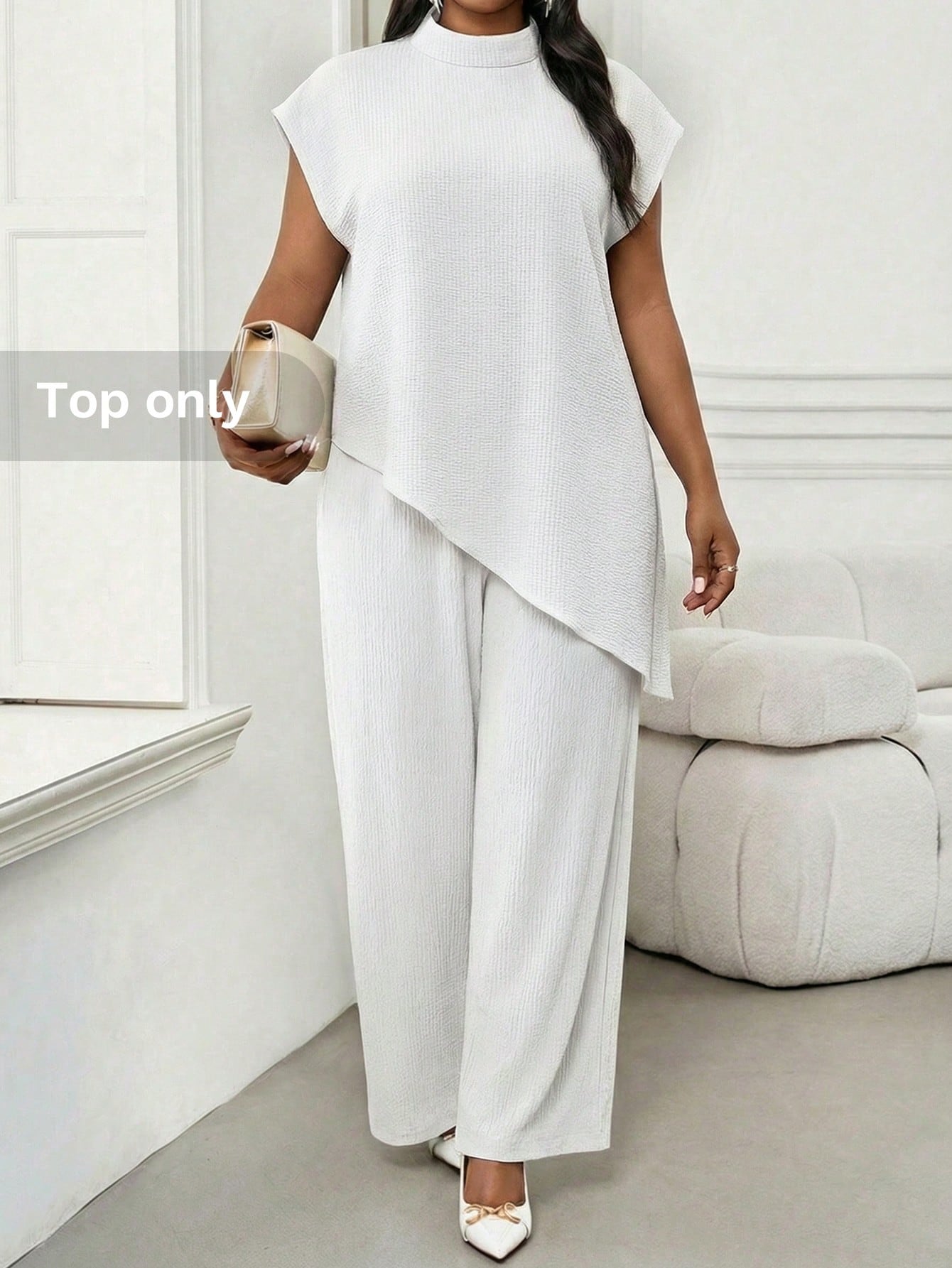 Lady Elegant Women's White Two Piece Ensemble Features Asymmetric Hem High Neck Top And Flowy Wide Leg Trousers For Modern Style Office Summer