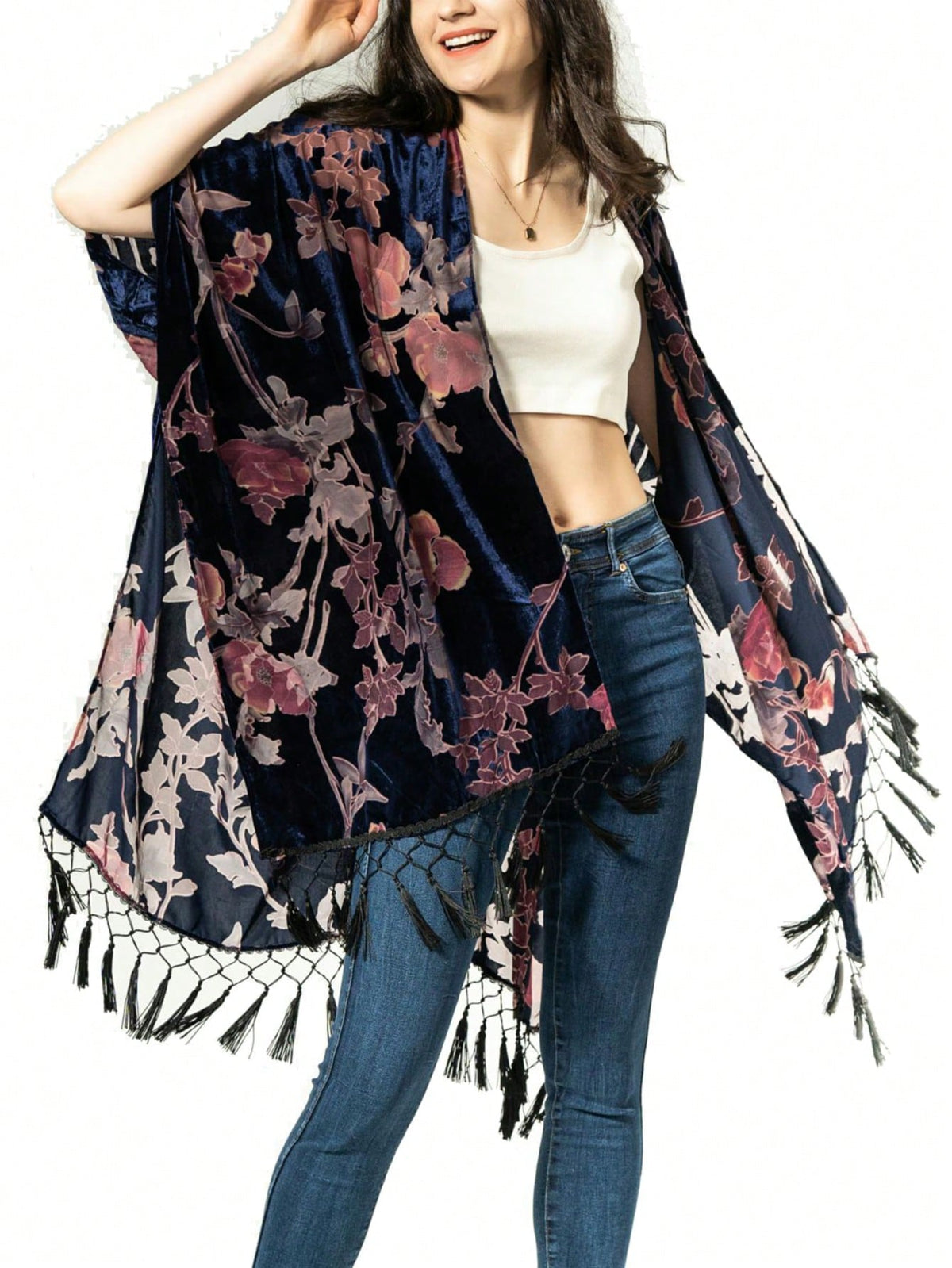 Long Velvet Kimono Cardigan For Women,With Tassels, Navy Blue And Purplish Red,Vacation Outfits Women,Beach Cover Up,Free Size
