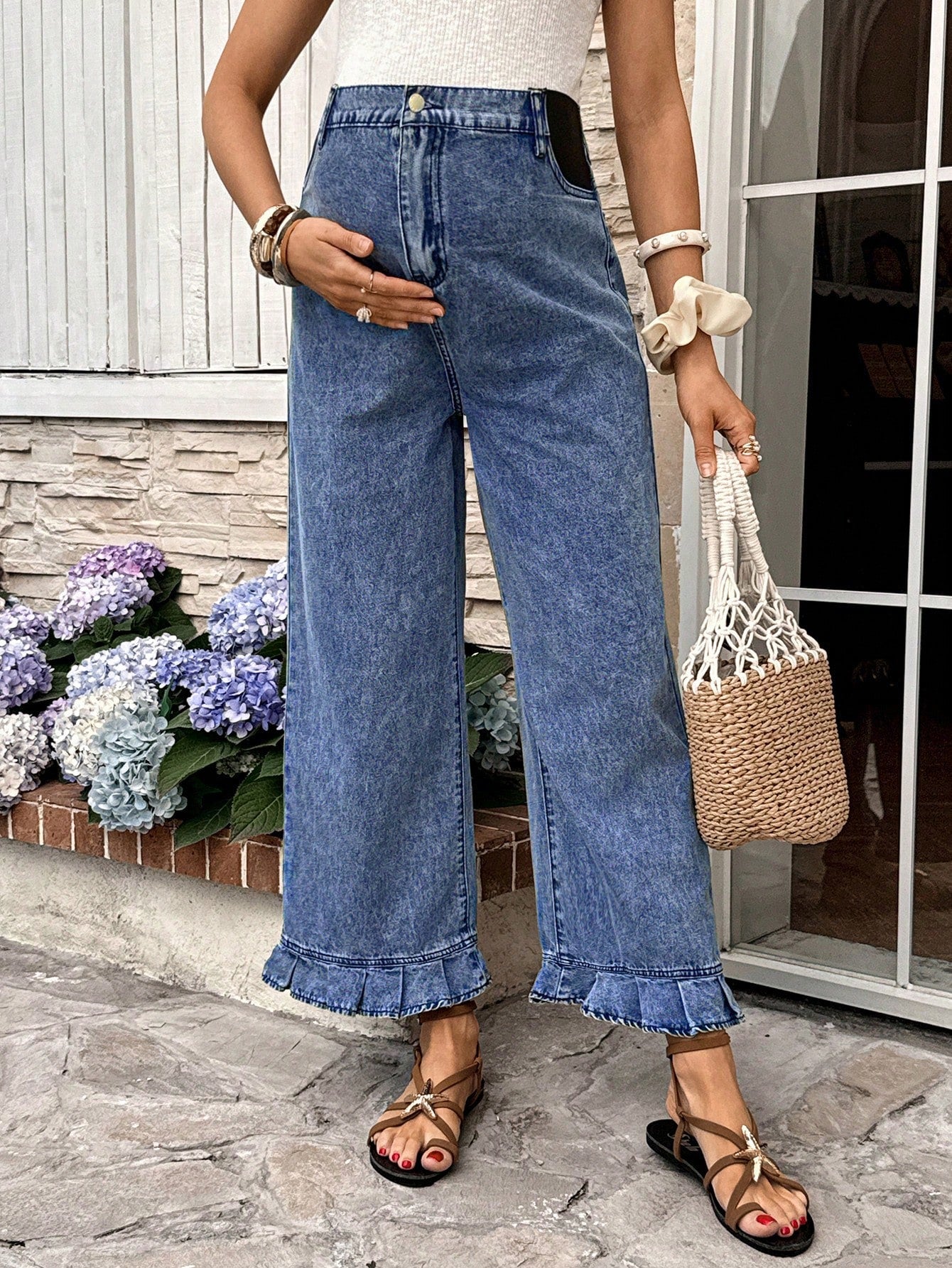 Maternity Dusty Blue Summer Casual Everyday High Waist Pleated Ruffle Hem Loose Fit Jeans,Chic Y2k Streetwear Versatile Vacation Commute Graduation