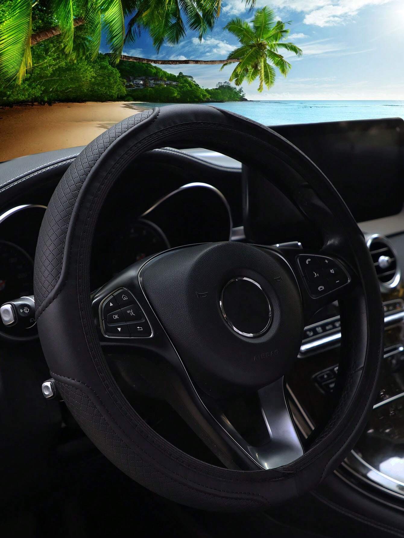 MEIKAXIU 1pc 3d Embossed Leather Non-Slip Car Steering Wheel Cover, Comfortable Soft, Suitable For 14.5-15inch Auto Accessories