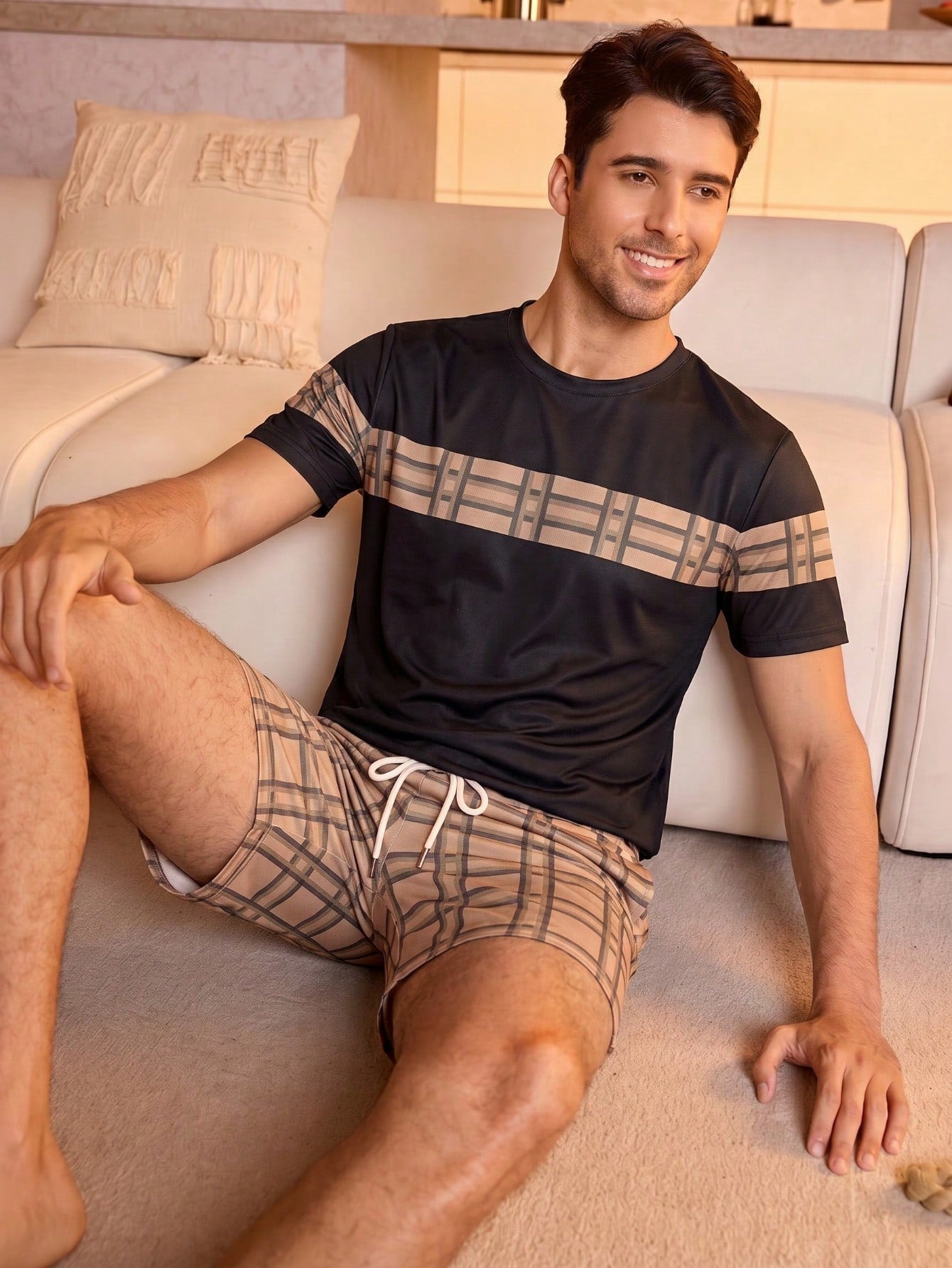Men's Minimalist Pajama Set, Black Plaid & Striped Patchwork Loungewear 2 Pieces Set
