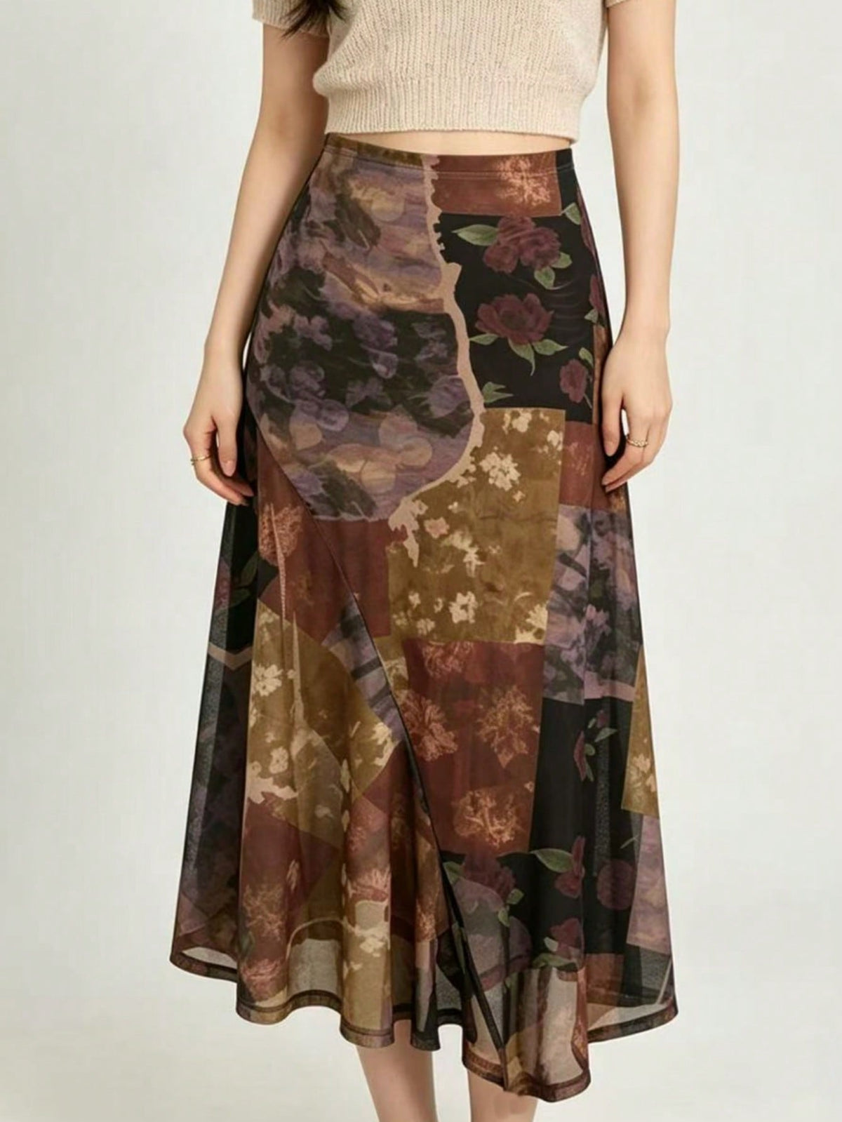Mesh Floral Print Patchwork Asymmetric Skirt Spring Vacation