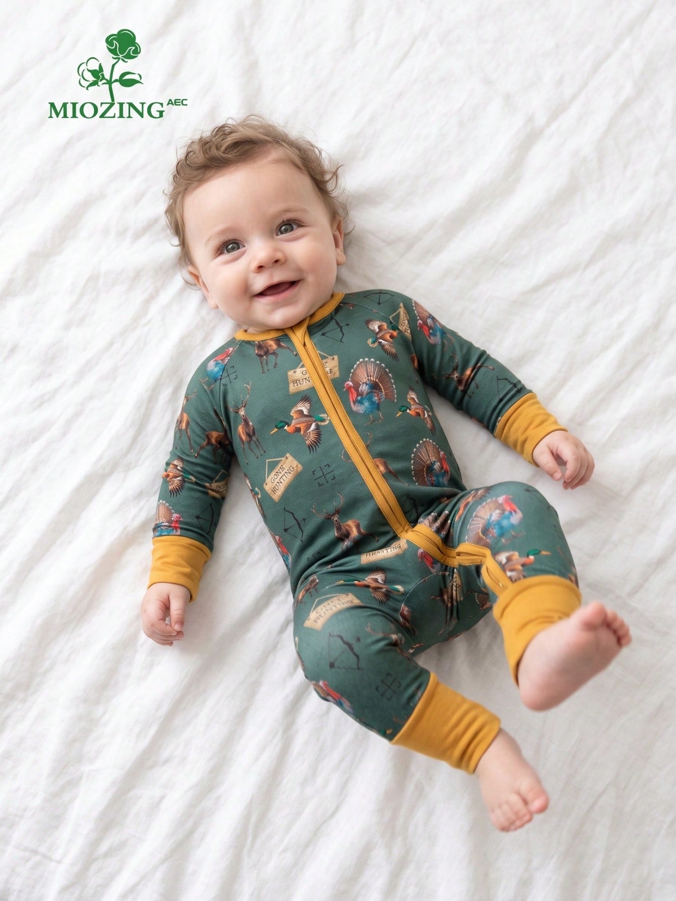 MIOZING Two-Way Zip Long Sleeve Baby Romper, Thanksgiving Peacock Antelope Hunting Animal Print Jumpsuit, Soft Bamboo Fabric, Daily Baby Boy Clothes