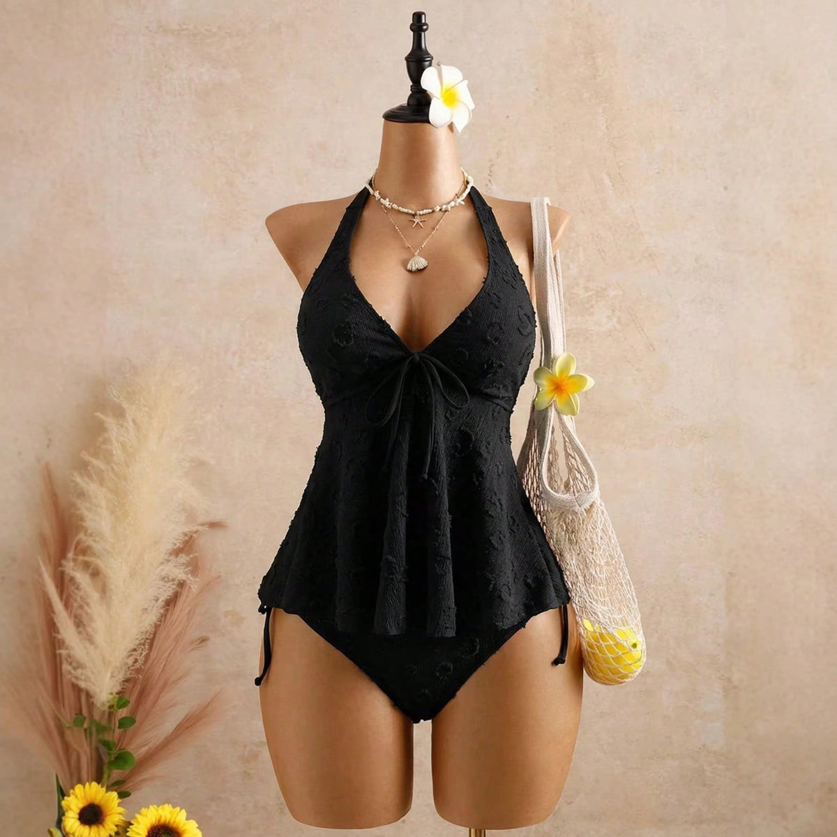 MISON 2026 Summer V-Neck Halter Tie Ruffle Tankini Swimsuit For Women Bikini Cover-Up Two-Piece Bathing Suits