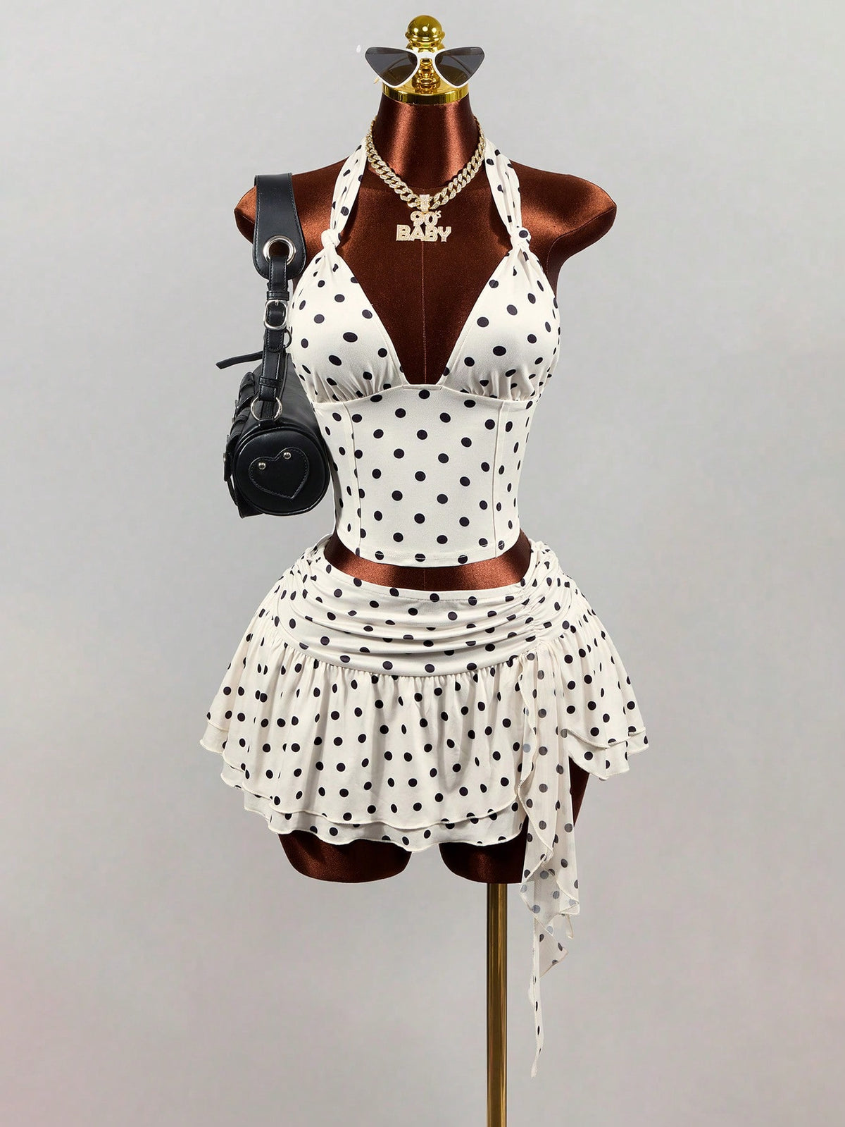 Mistrie White With Black Polka Dots Summer 1960s Vintage Vacation Women's Deep V Backless Midriff-Baring Camisole,Elegant Spaghetti Strap Crop Tank Top