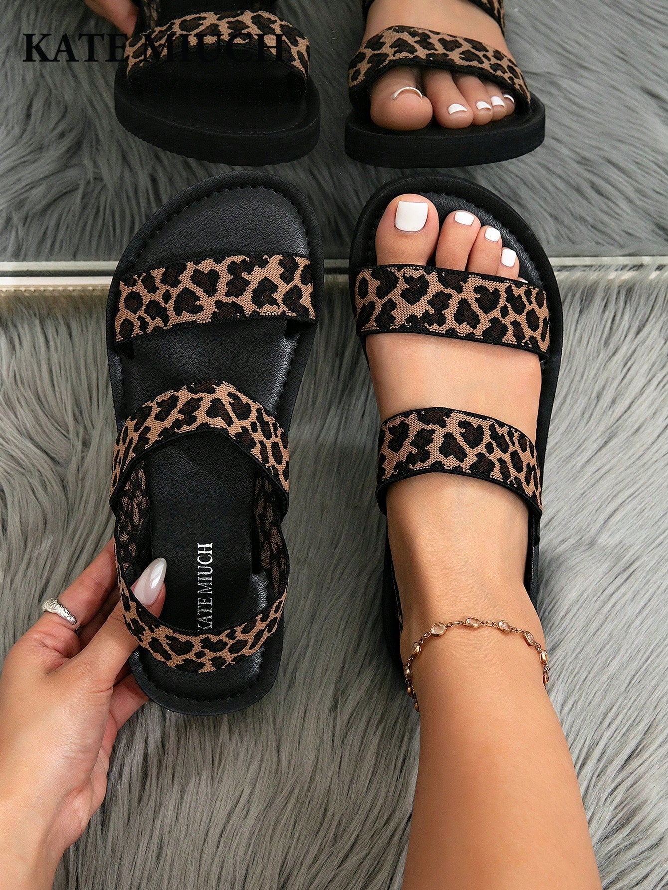 MIUCH Women's Fashion Casual Retro Y2K Collegiate Style Black Sandals With Leopard Jacquard Pattern, Suitable For Pairing With Shorts For Beach Travel, Beach Party, Club KTV Gathering; Italian Roman S
