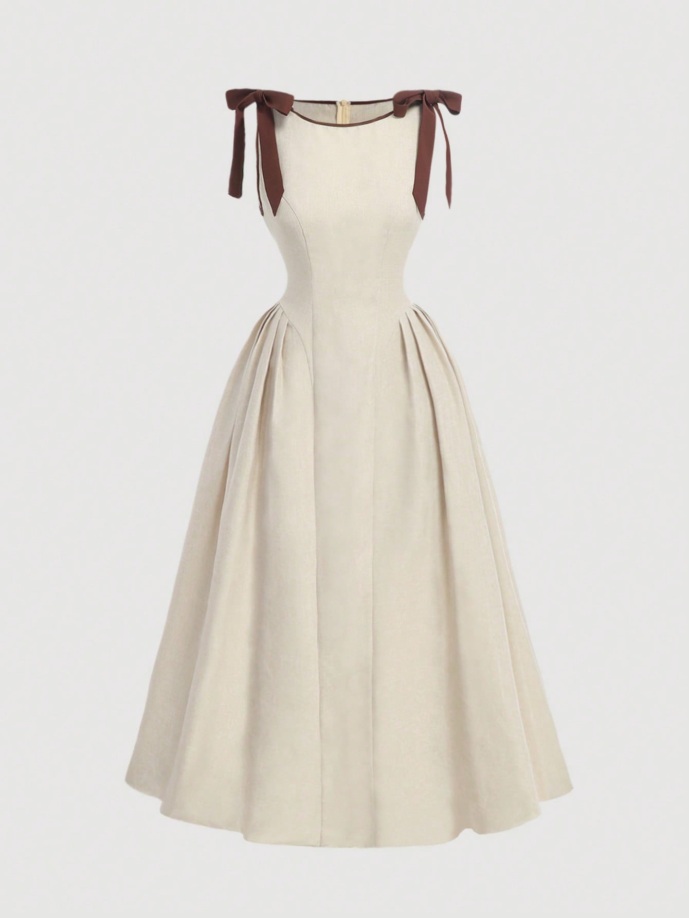 MOD Crew Neck Sleeveless Contrast Trim Bow Decor Waist Flare Hem Brown Casual Elegant Dress Garden Party Summer
