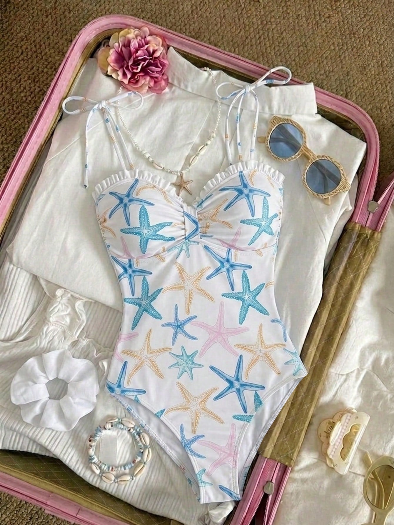MOD Women's Starfish Print Ruched One-Piece Swimsuit, Women's Elegant Beach Swimsuit, Summer Outfit For Women, Suitable For Beach Vacation, Vintage, Western Wear Women, Women's Starfish Print Ru