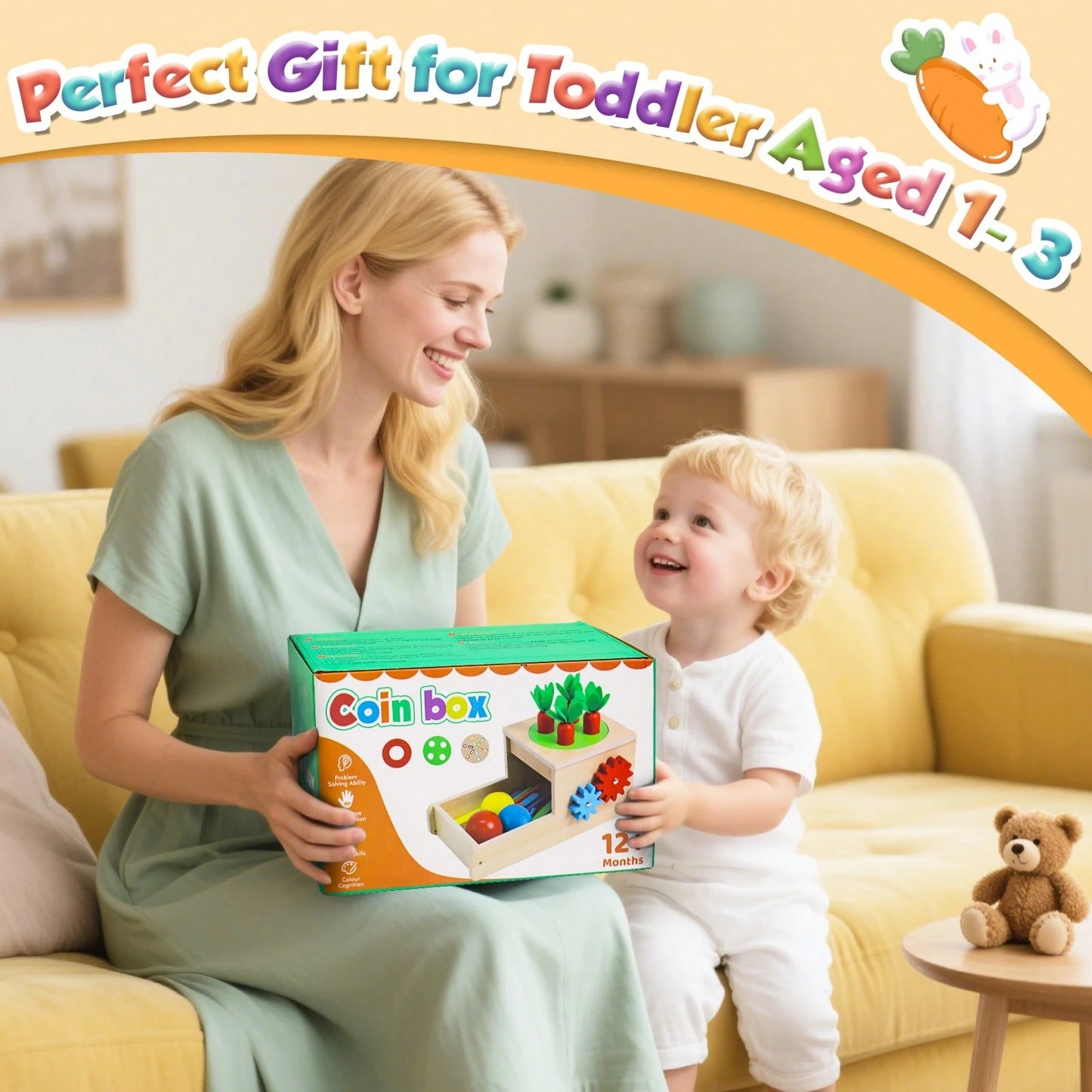 Montessori Toys For 1 Year Old, 6 In 1 Wooden Toys For Baby Boy Girl, Object Permanence Box, Color&Shape Sorting Learning Matching Game/Carrot Harvest