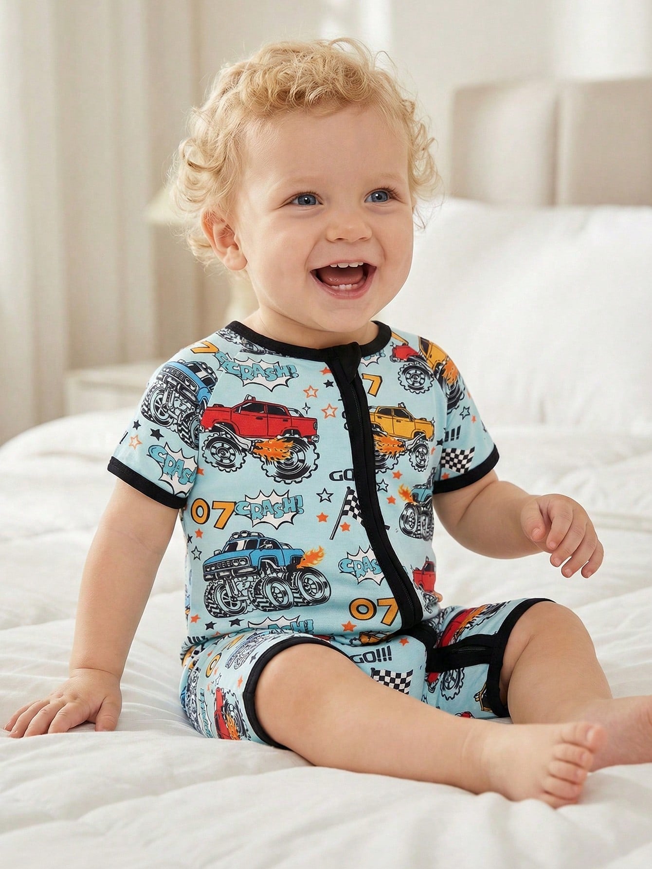 MOSSRIVER Boys Zip Romper, Monster Truck Print. Breathable Cotton Short Sleeve Outfit, Ideal Baby Boy Gift For Summer.