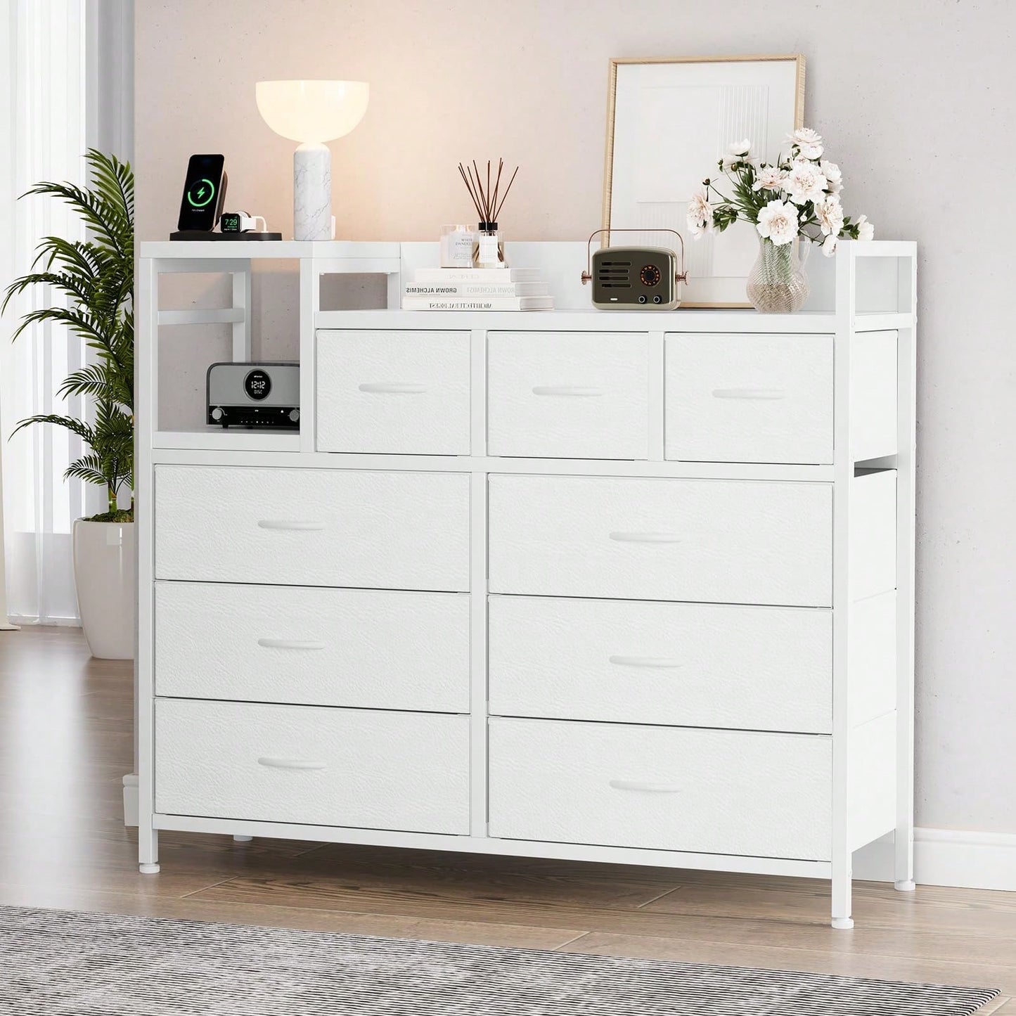 mteryoing 9 Drawer Dresser TV Stand With Charging Station, Entertainment Center, Chest Of Drawers With Open Shelves & Metal Frame & Wood Top For TV Up To 45 Inch For Living Room, Bedroom