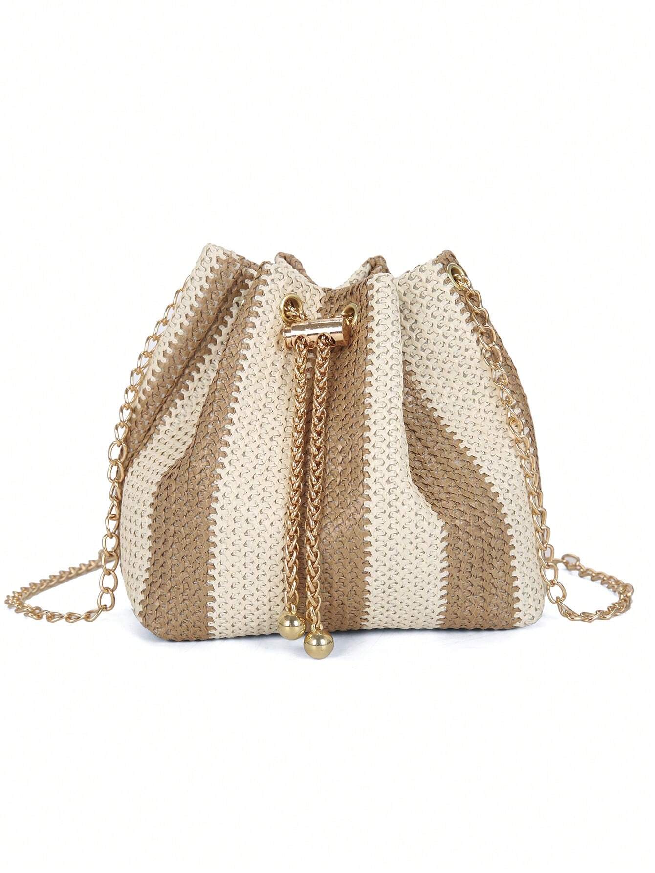 New Fashion Straw Crossbody Bag With Metal Chain, Women Lightweight Minimalist Chic Metal Lock Clasp Straw Shoulder Bag, Perfect For Beach Vacation, Travel, Shopping, And Vacation Essentials, Eye-Catc