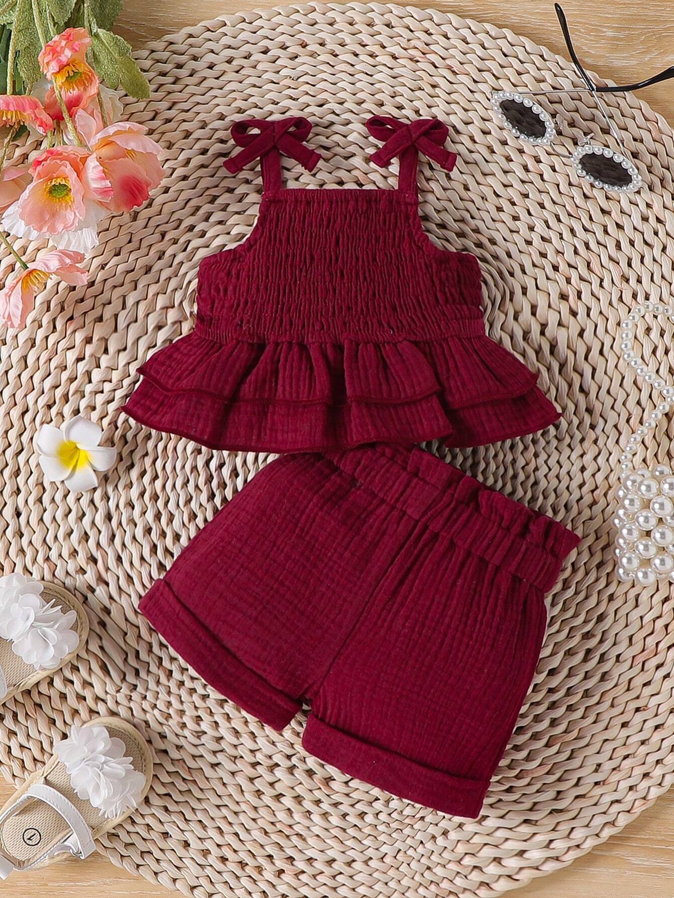 Newborn Baby Girl Shirred Ruffled Hem Cami Top And Shorts Set