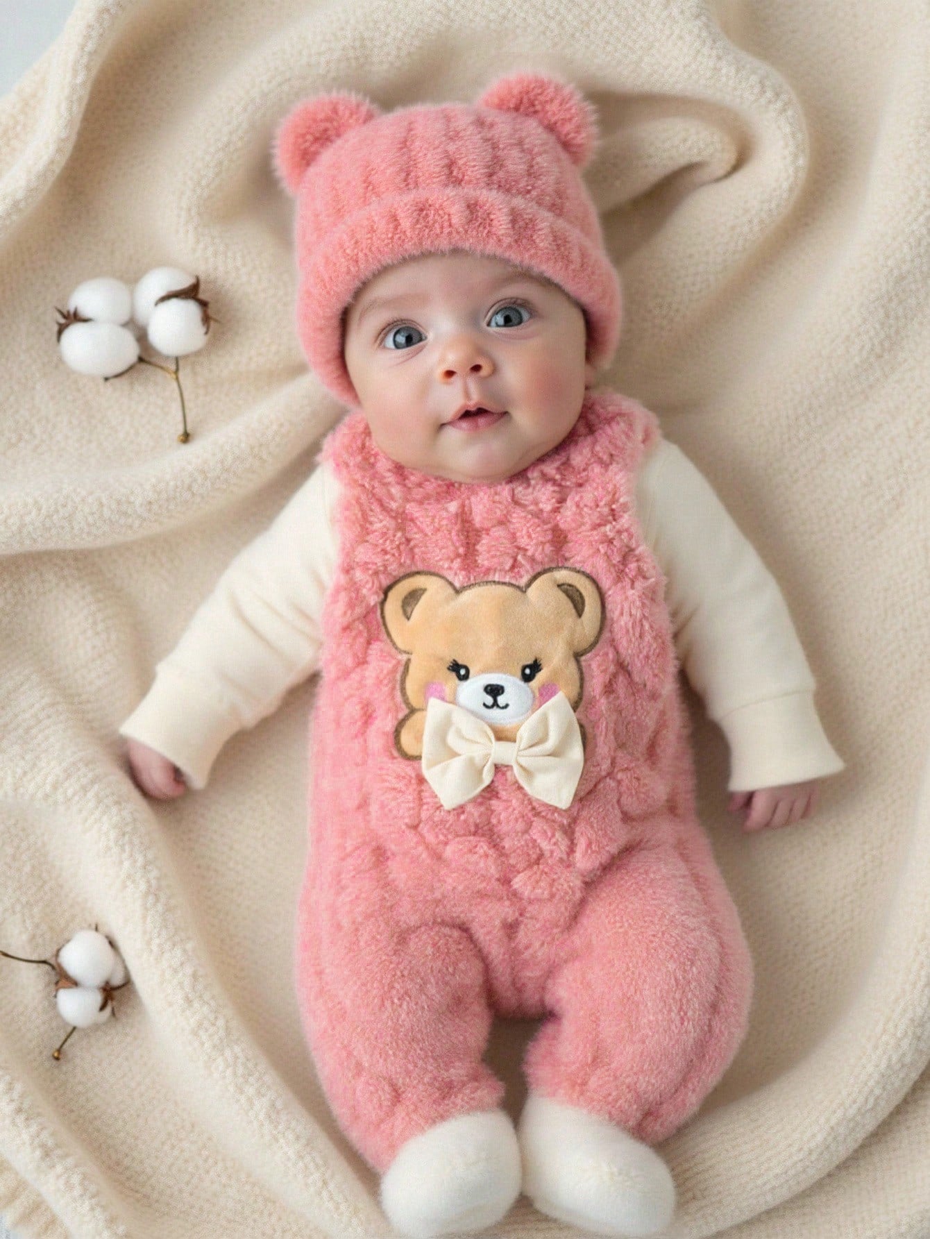 Newborn Bib Pants Set Light Pink Winter Kawaii Holiday Home Cute Bear Decor Delicate Bowknot Matching Headband Soft & Skin-Friendly Material Outfit