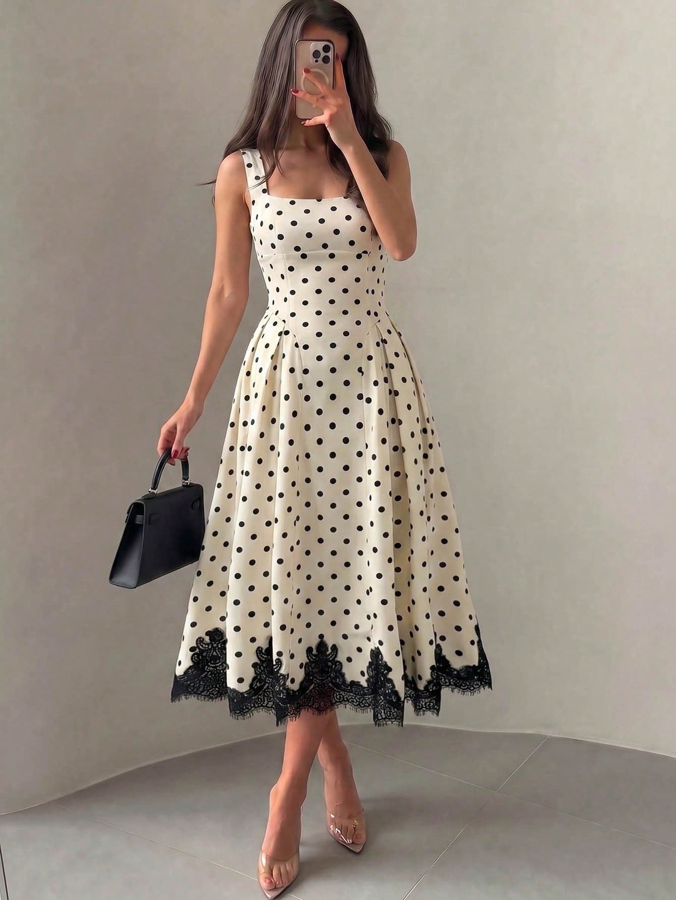 NOVVYNE Women's Spring/Summer Woven Digital Print Polka Dot Sleeveless Tie-Up A-Line Dress With Black Lace Trim, Elegant And Romantic Elegant Party Dresses
