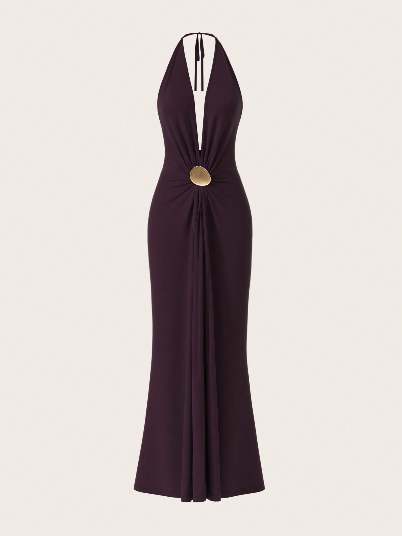Opulessa Women's Dark Purple Summer Elegant Sexy Party Dinner Knit Backless Dress Metal Bucket Gathered Umbrella Hem Maxi Mermaid Dress Wedding Guest Outfits