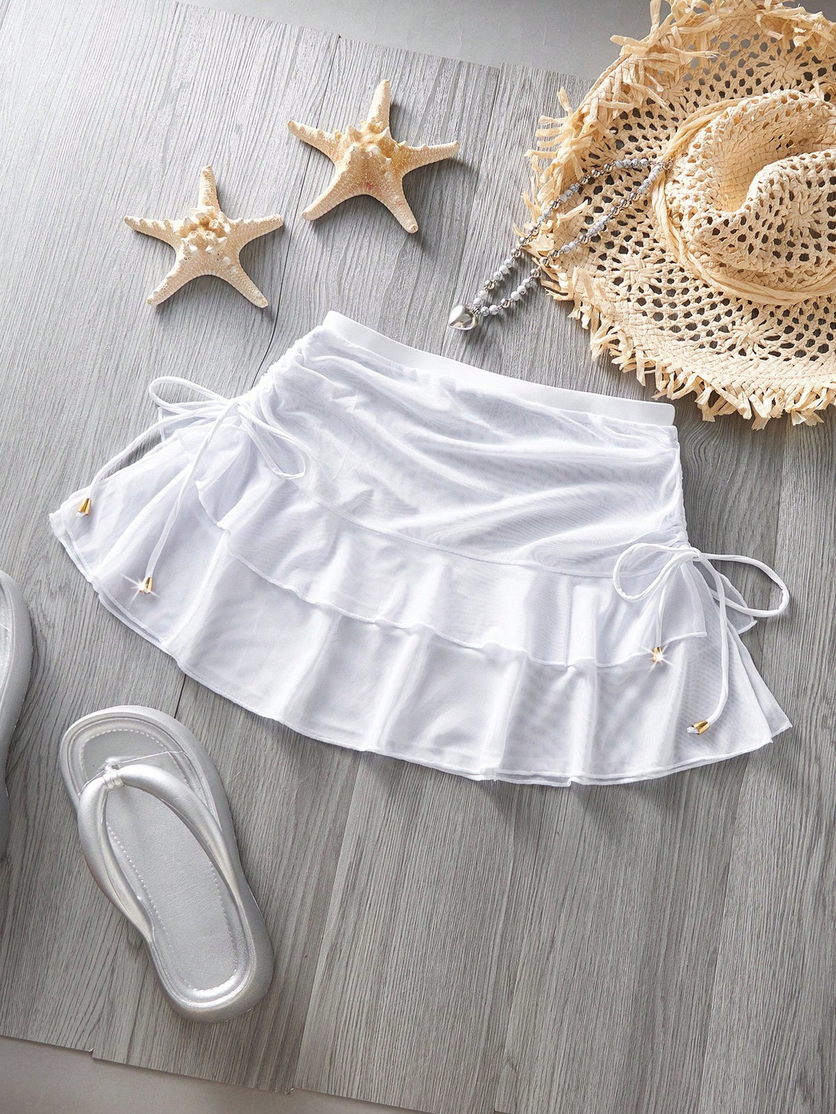 PEPPERMOLLY Women's Sexy Fashion White Bikini Bottom With Mesh Pleated Skirt, Summer Beach Vacation