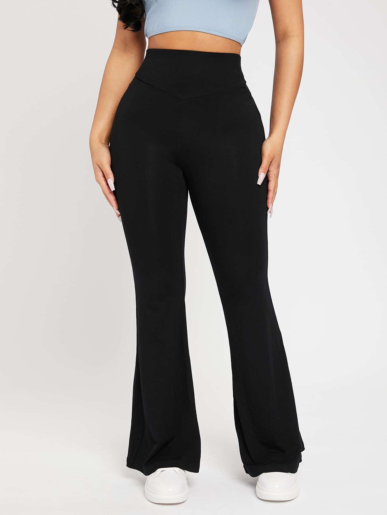 PETITE High Waist Flare Leg Black Pants,Petite Women