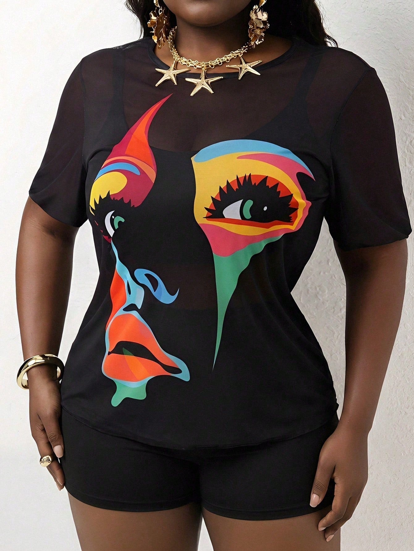 Plus Size Women Multi-Color Abstract Face Print Tankini Set For Summer Beach Vacation