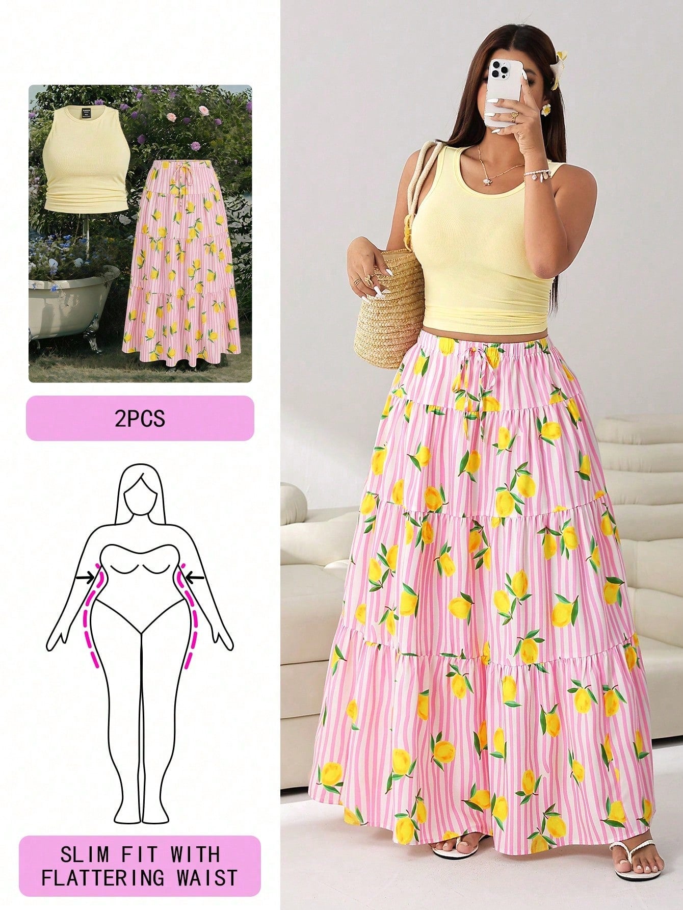Plus Size Women Solid Color Round Neck Tank Top And Lemon Striped Print Maxi Skirt 2 Pieces Set