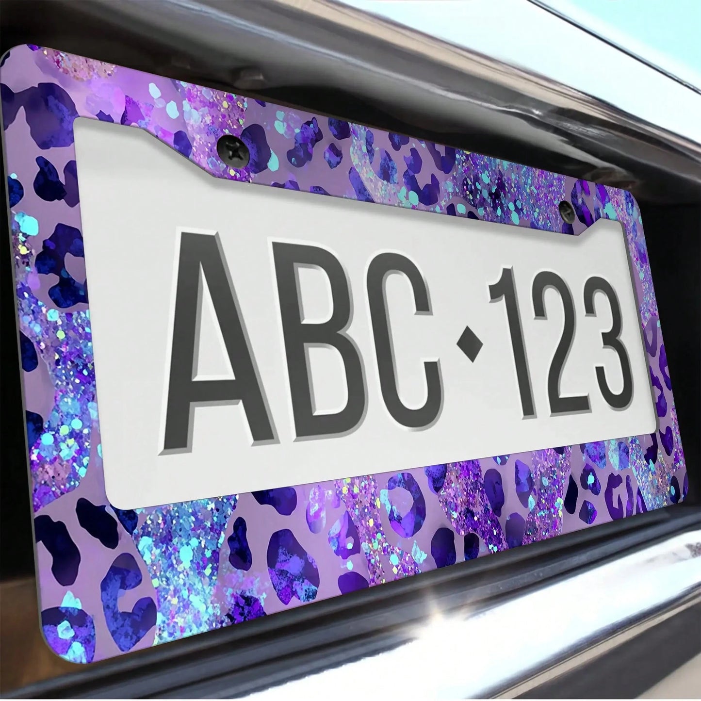 Purple Leopard Print Glitter License Plate Frame, Car Decorative Cover, Made Of Rust-Proof And Shockproof Aluminum Alloy, Suitable For Standard Car Models