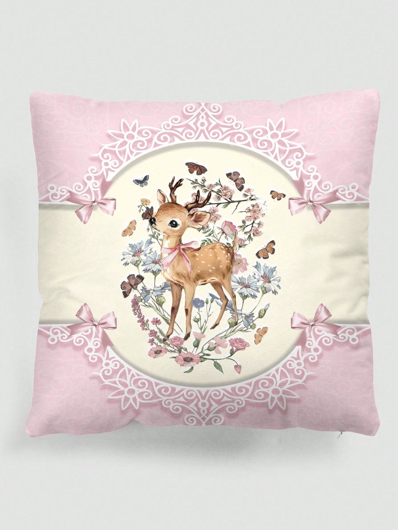ROMWE Fairycore 1pc Elegant & Sweet Bow Knot & Deer Pattern Pillow Cover, Printed Plush Square Pillow Sham, Suitable For Daily Living Room Bedroom Home Decor, Sofa Cushion Cover Car Pillow Cover, All