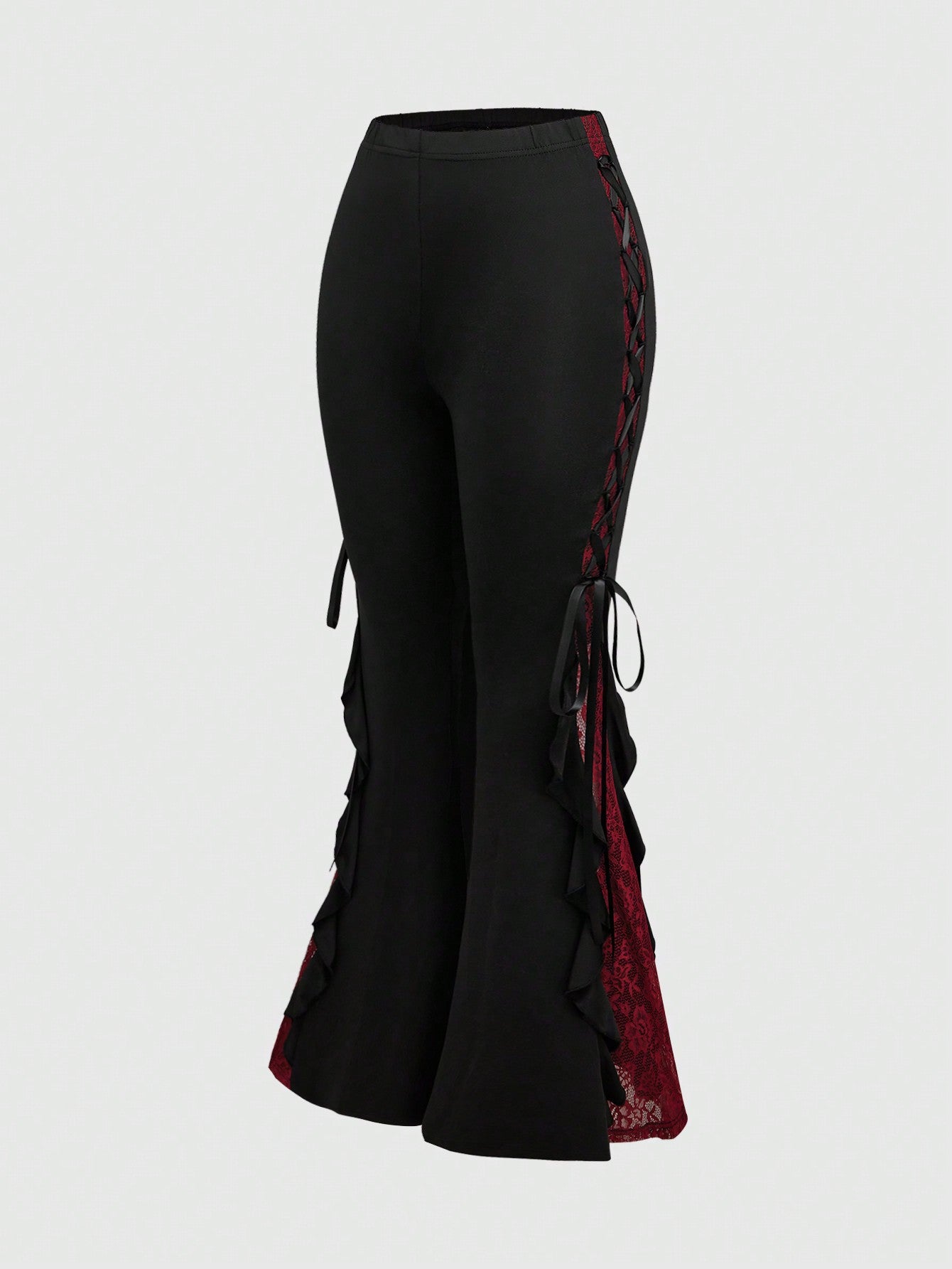 ROMWE Goth Women Retro Gorgeous "Daydreamer" Ruffle Trim Colorblock Lace Tie Flared Pants