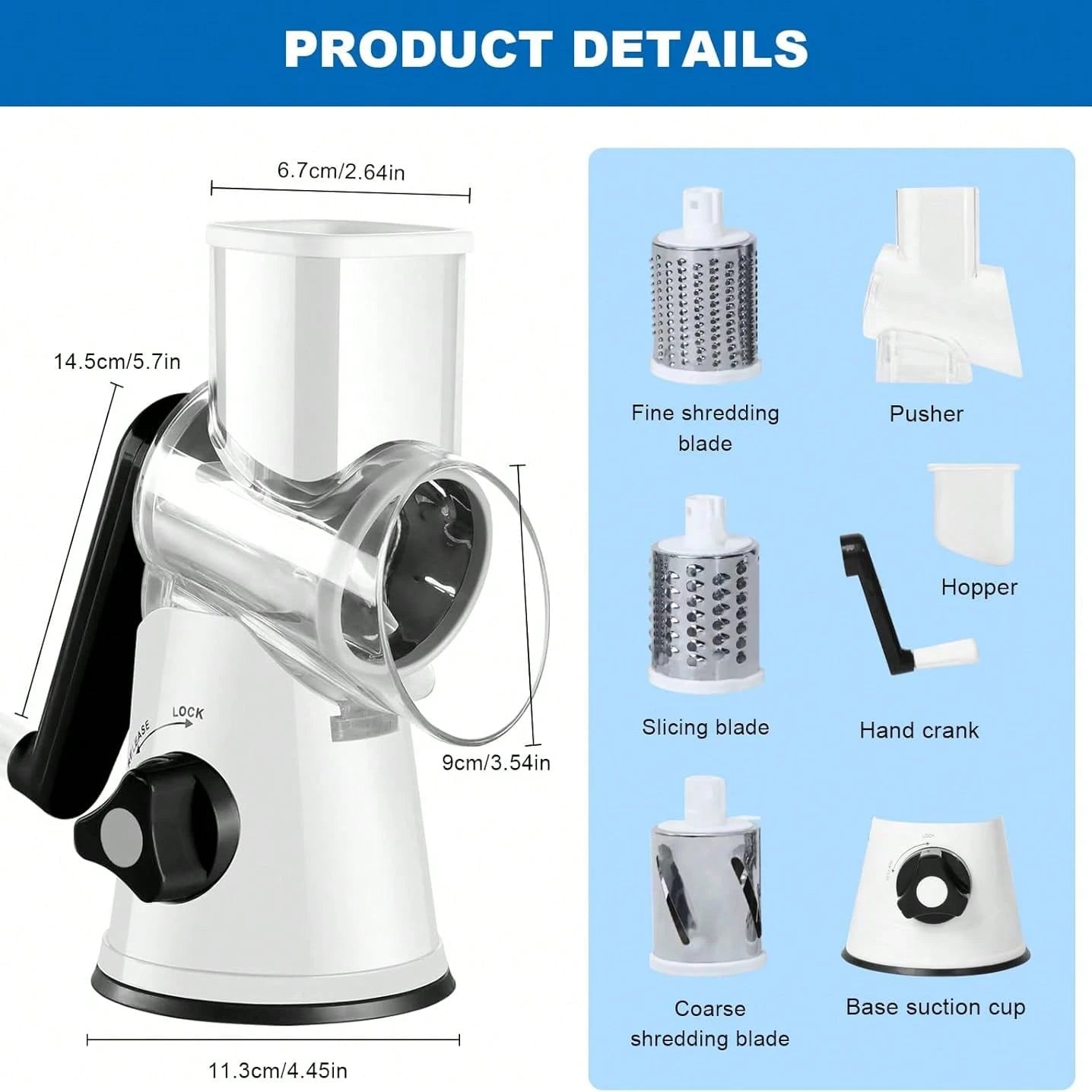 Rotary Cheese Grinder, Vegetable Cheese Slicer, 3 Carefully Designed Blades, Kitchen Ground Vegetable Slicer, Multi-Purpose Cheese Chopper For Carrots, Potatoes, Cucumbers, Zucchini, And More. Strong