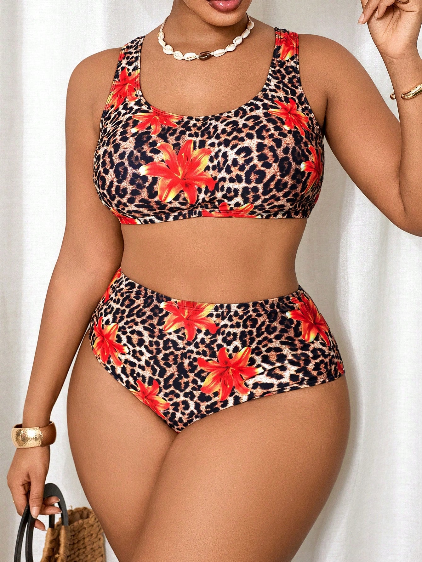 Slaydiva Plus Size Women's Leopard & Floral Print Halter Swimwear Set, Suitable For Beach Vacation, Spring/Summer