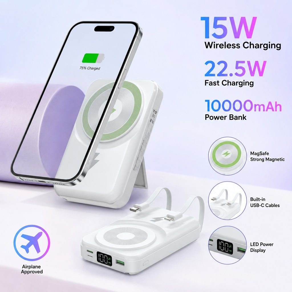 Slim White 10000mAh Magnetic Charger With 15W Wireless And 22.5W Wired Fast Charging, With Percentage Battery Screen, White And Green Styling And Adjustable Hands-Free Stand, Suited To 16, 15, 14, 13