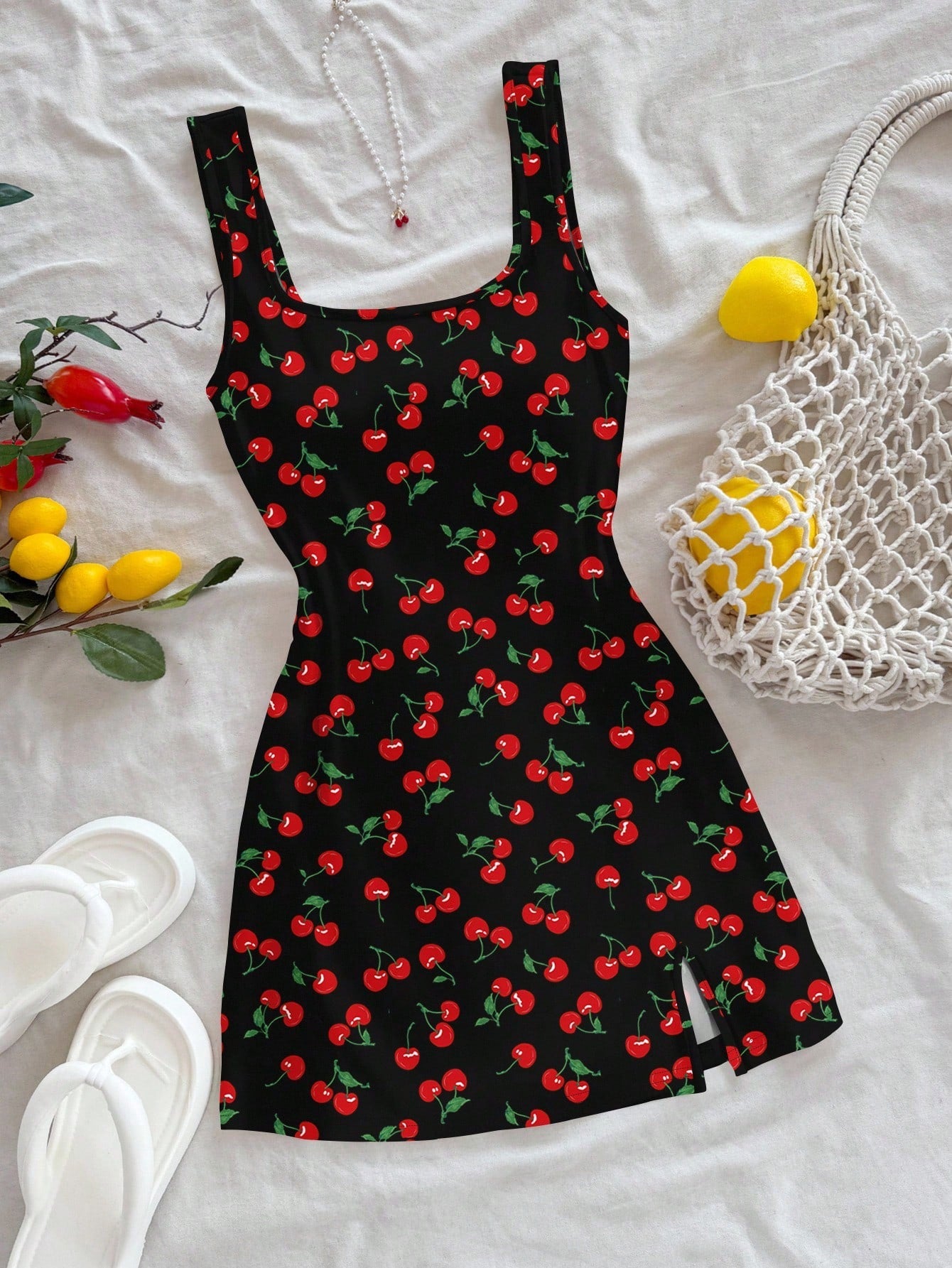 Soleia Backless U Neck Cherry Print Mini Dress For Women, Summer Bodycon Fruit Suitable Chic